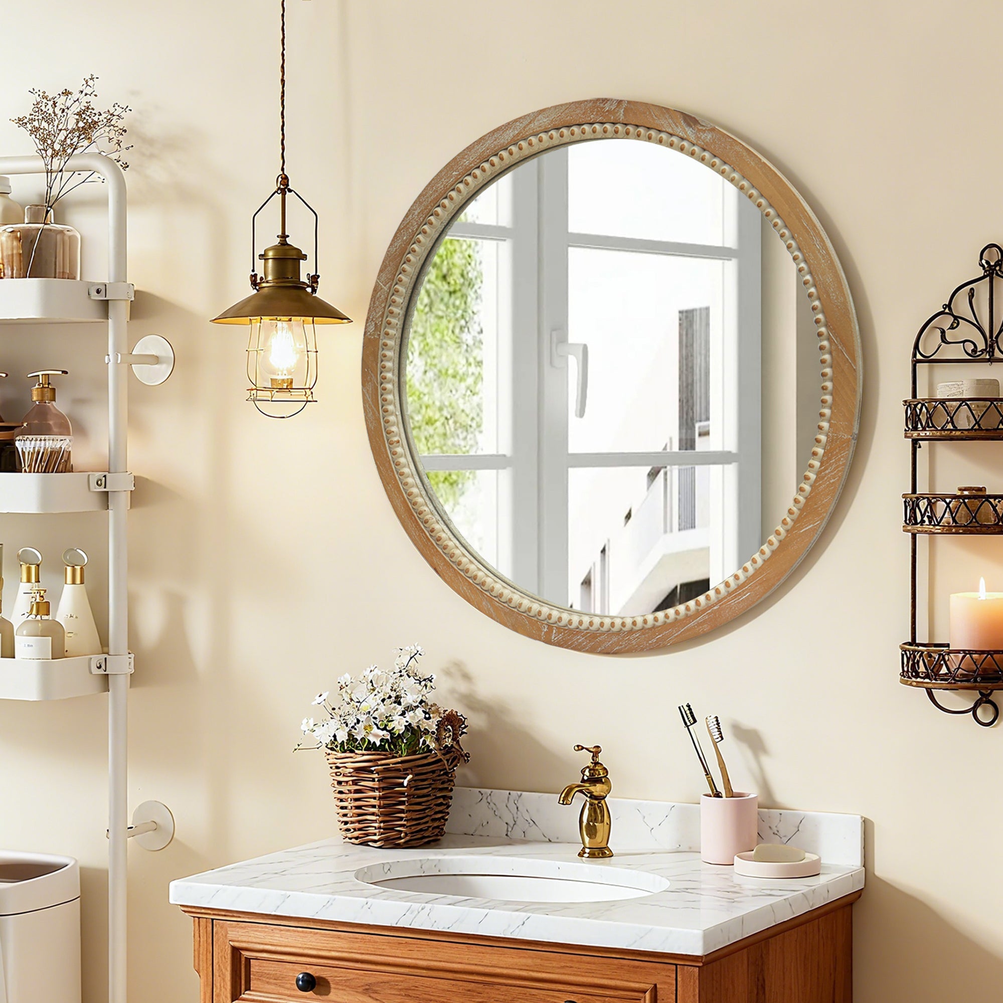 Round Beaded Wood Wall Mirror 23.62" Farmhouse Rustic