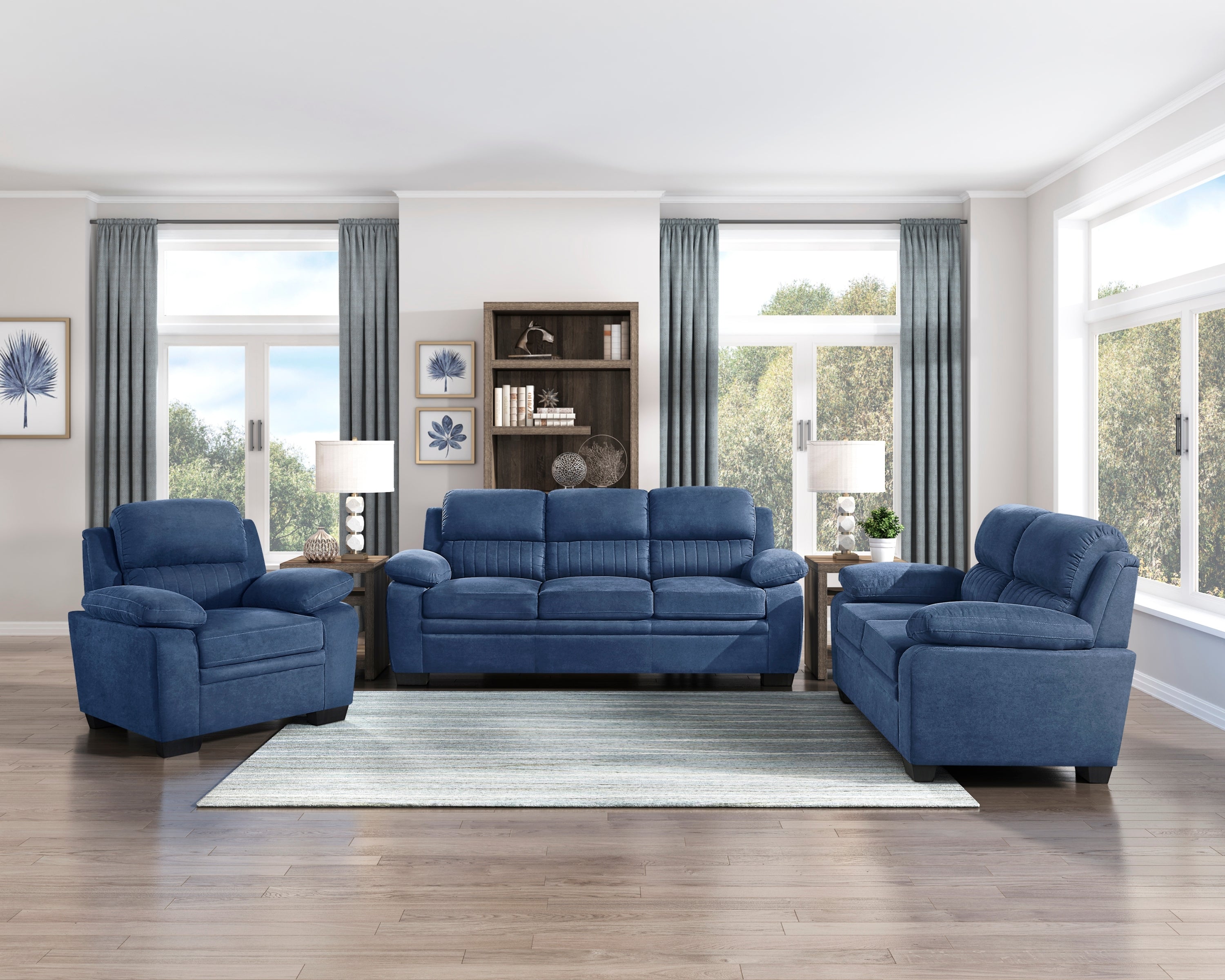 Blue Plush Accent Chair Channel Tufted Solid Wood Frame