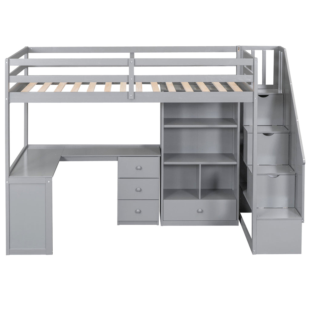 Gray Twin Size Loft Bed with L-Shaped Desk, Drawers, Cabinet and Storage Stai...