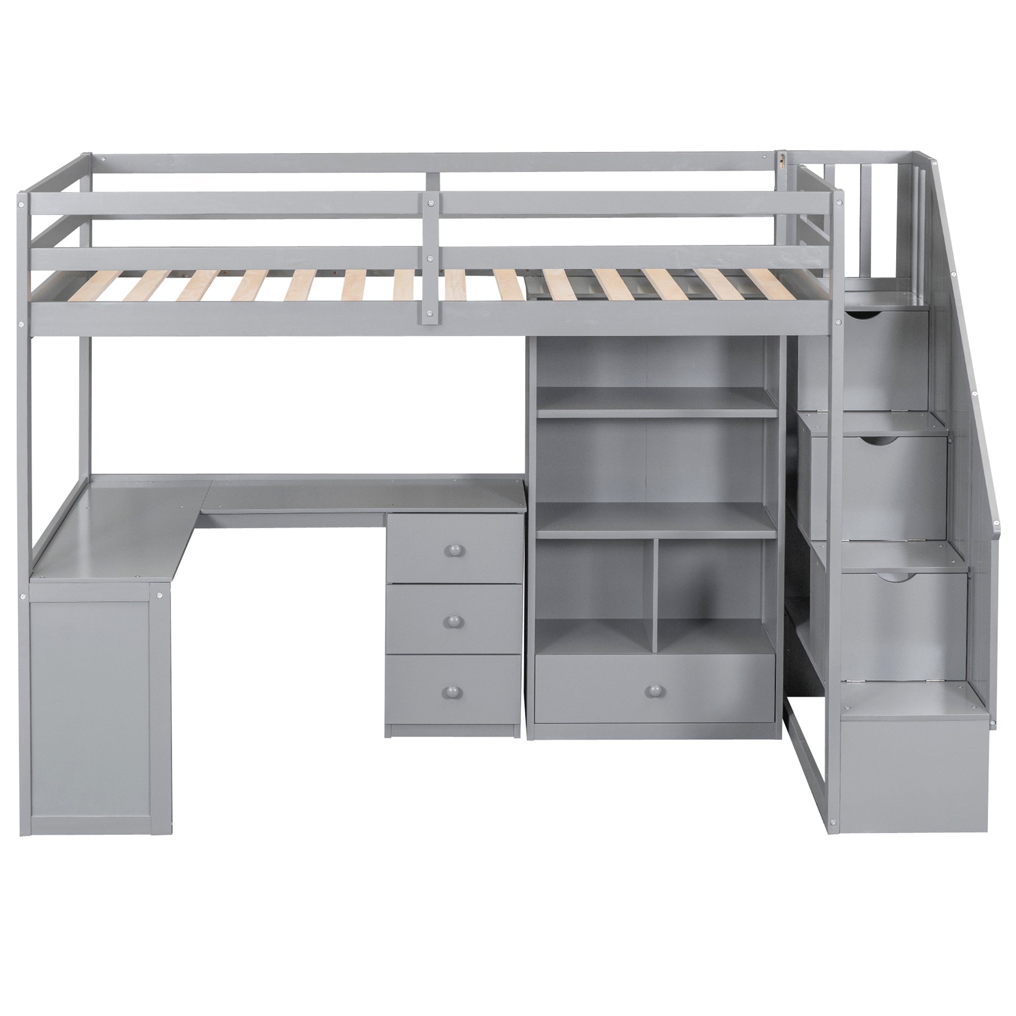 Gray Twin Size Loft Bed with L-Shaped Desk, Drawers, Cabinet and Storage Stai...
