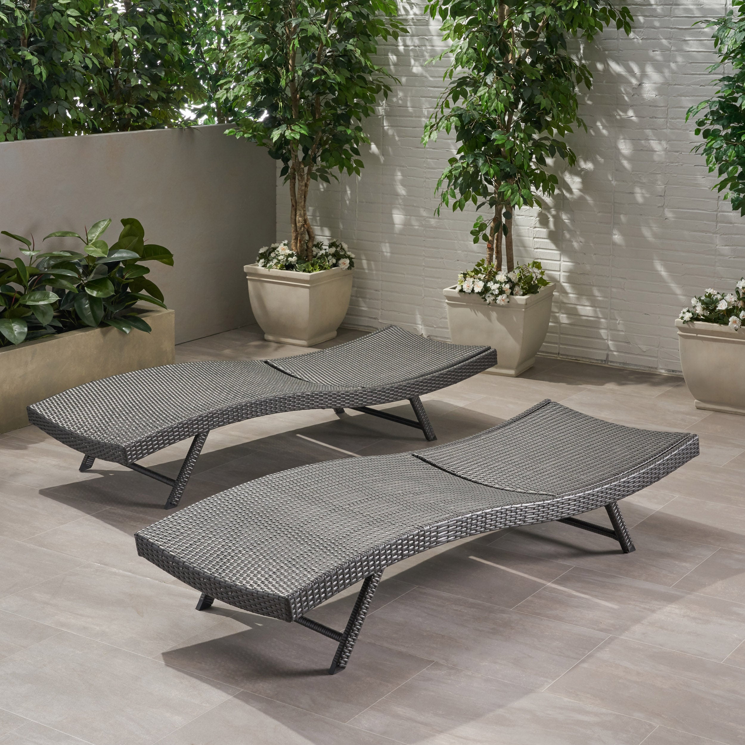 Set of 2 Grey Wicker Chaise Lounge Reclining Seats