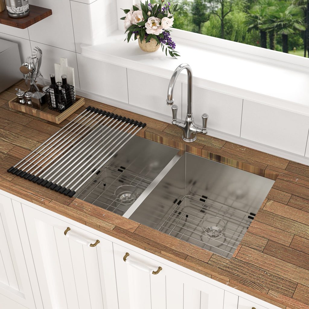 Brushed Nickel Undermount Double Bowl Kitchen Sink 33x19 16 Gauge