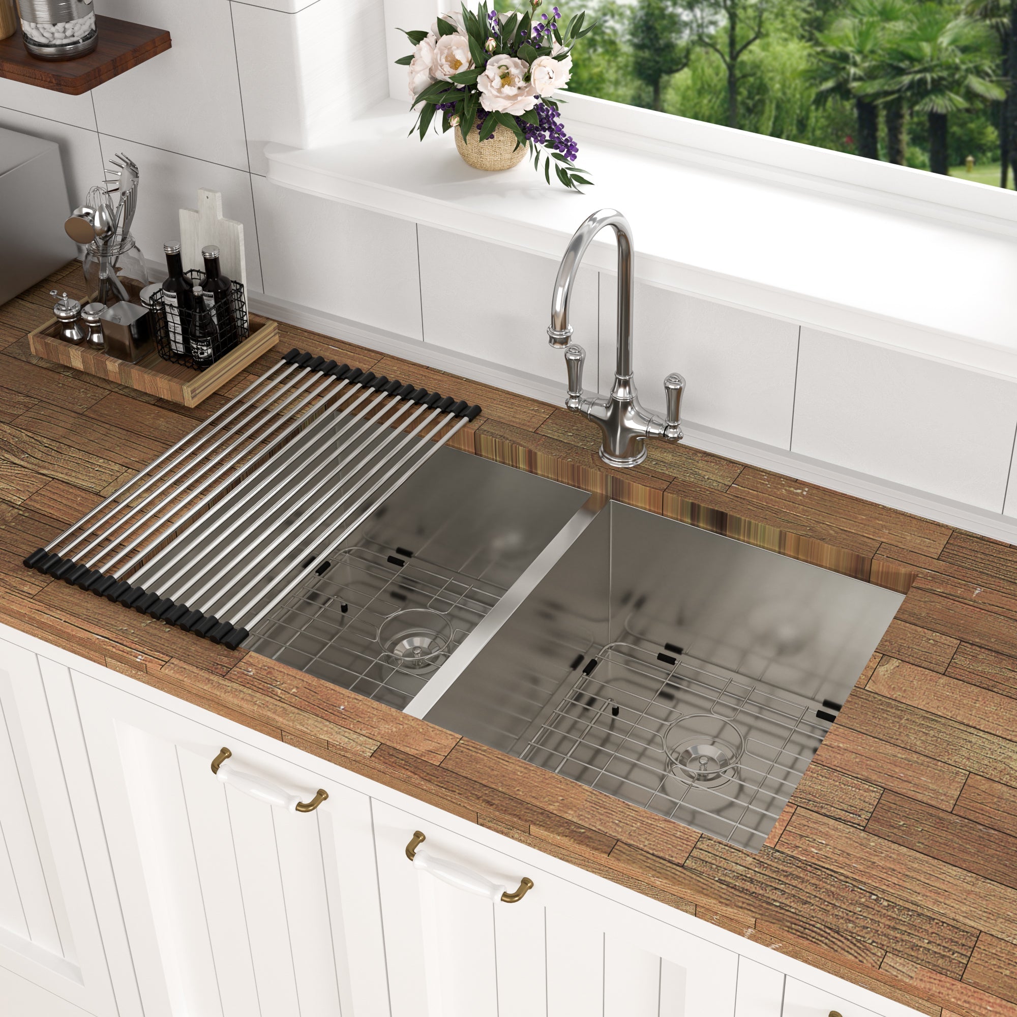 Brushed Nickel Undermount Double Bowl Kitchen Sink 33x19 16 Gauge