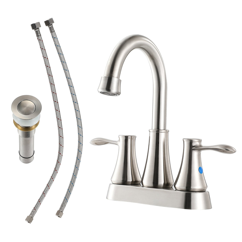 Brushed Nickel 4 Inch Centerset Bathroom Faucet with Drain