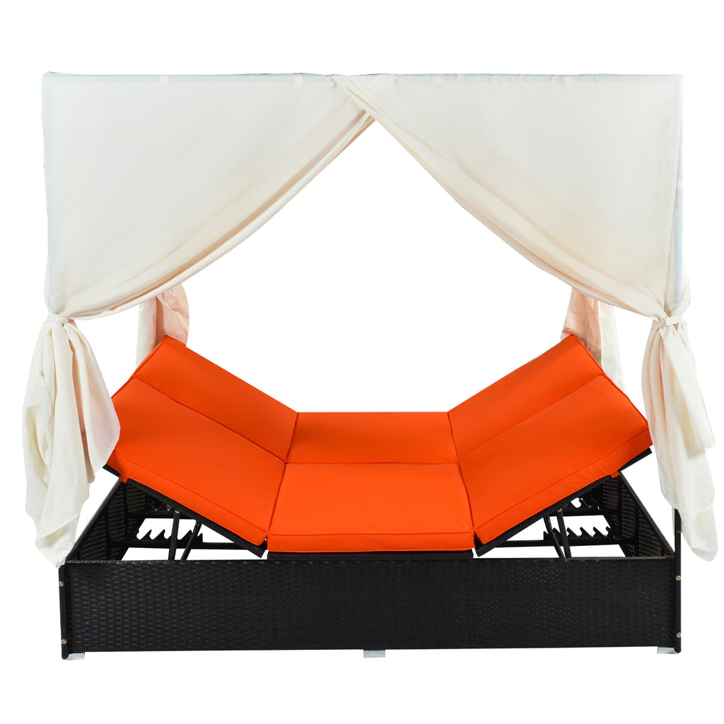 Outdoor Double Chaise Lounge Daybed with Curtains,Patio Outdoor Sunbed with