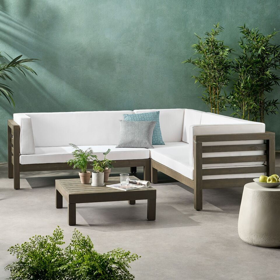 Outdoor Sectional Set Acacia Wood White V-Shape 4 Piece 600 LB