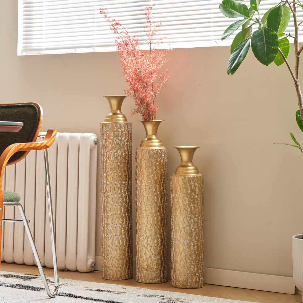 Set of 3 Gold Distressed Metal Vases with Vine Pattern 34