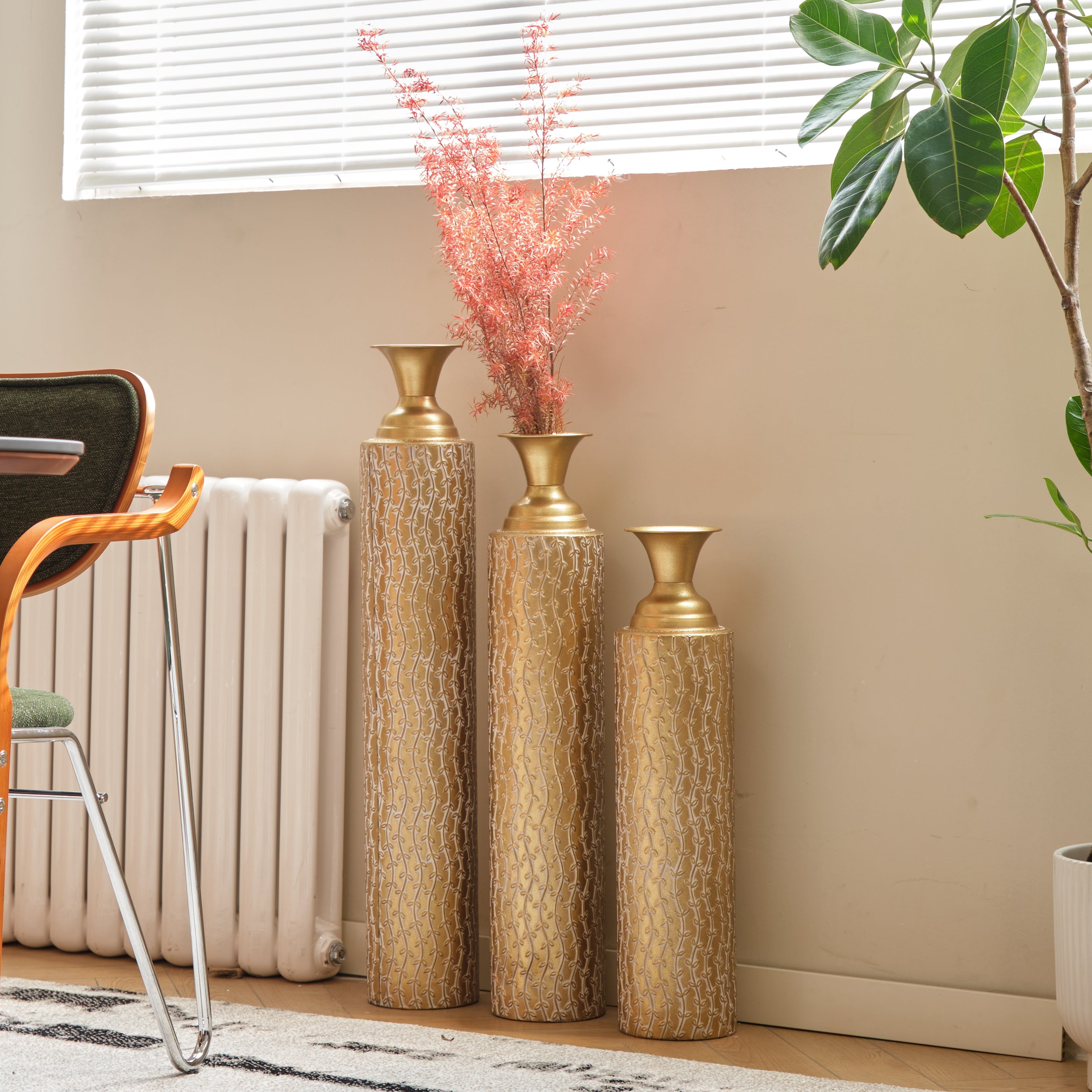 Set of 3 Gold Distressed Metal Vases with Vine Pattern 34