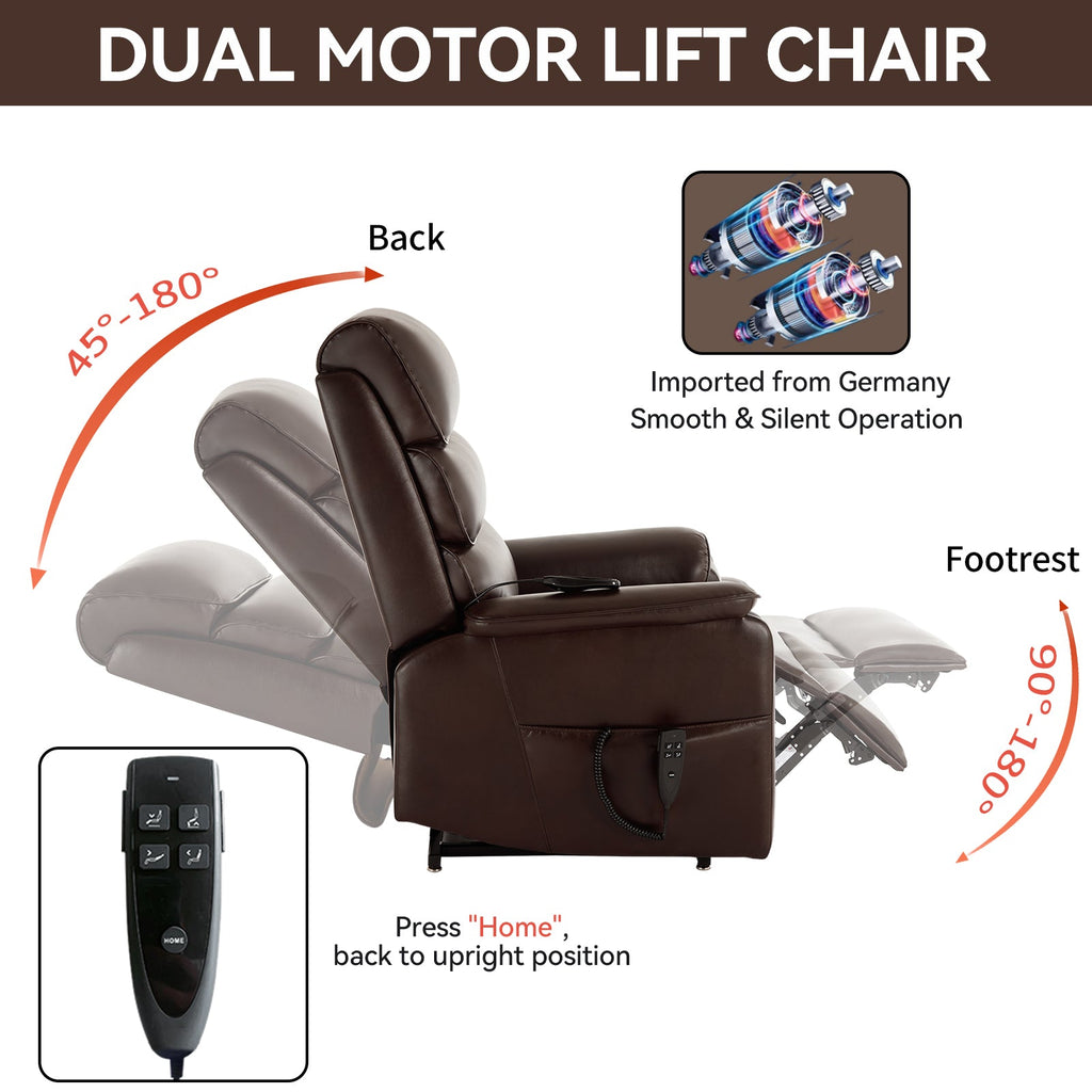 Brown Leather Power Lift Recliner Chair 350 LBS Heat Massage