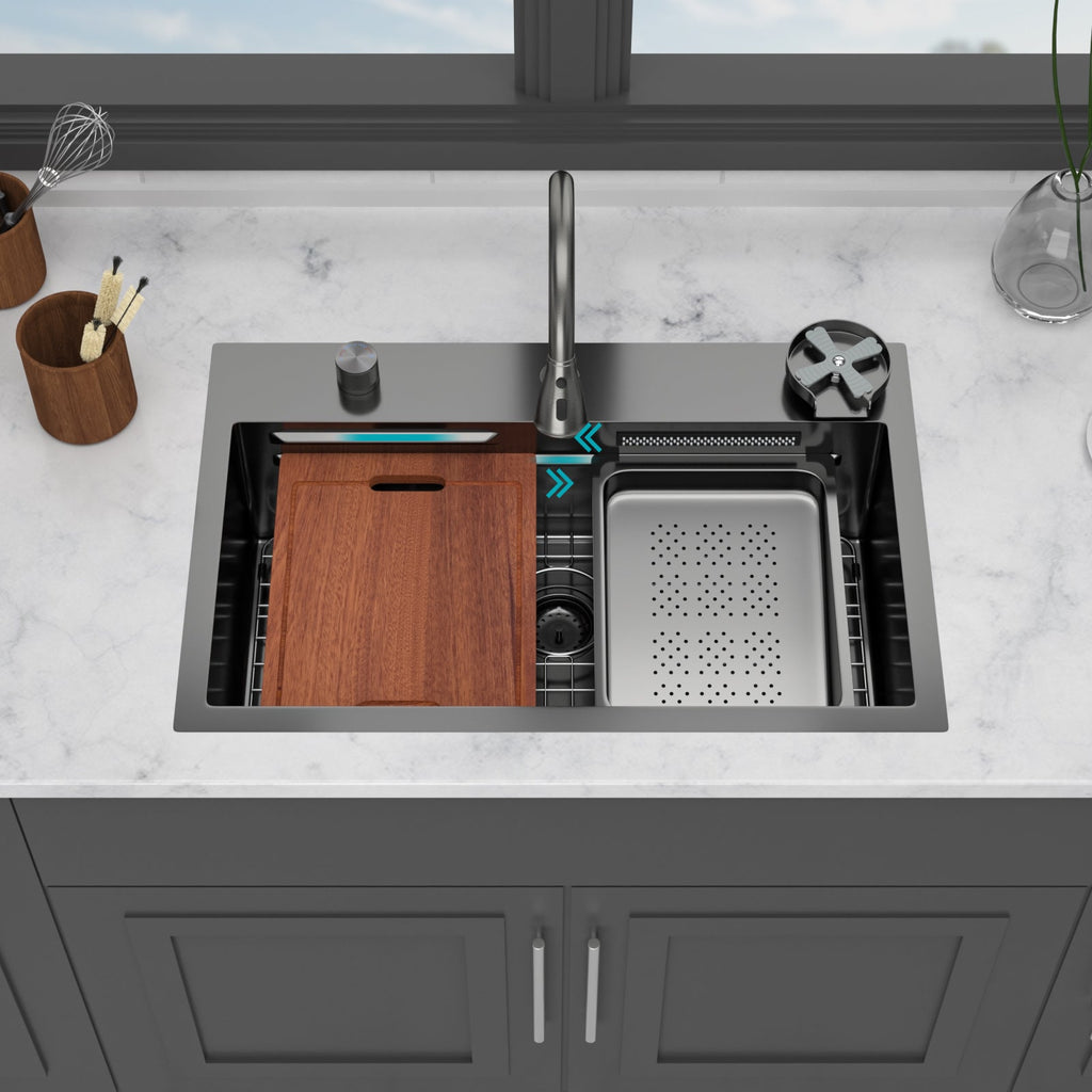 Gunmetal Black Waterfall Kitchen Sink 31.5" Pull-Out Faucet