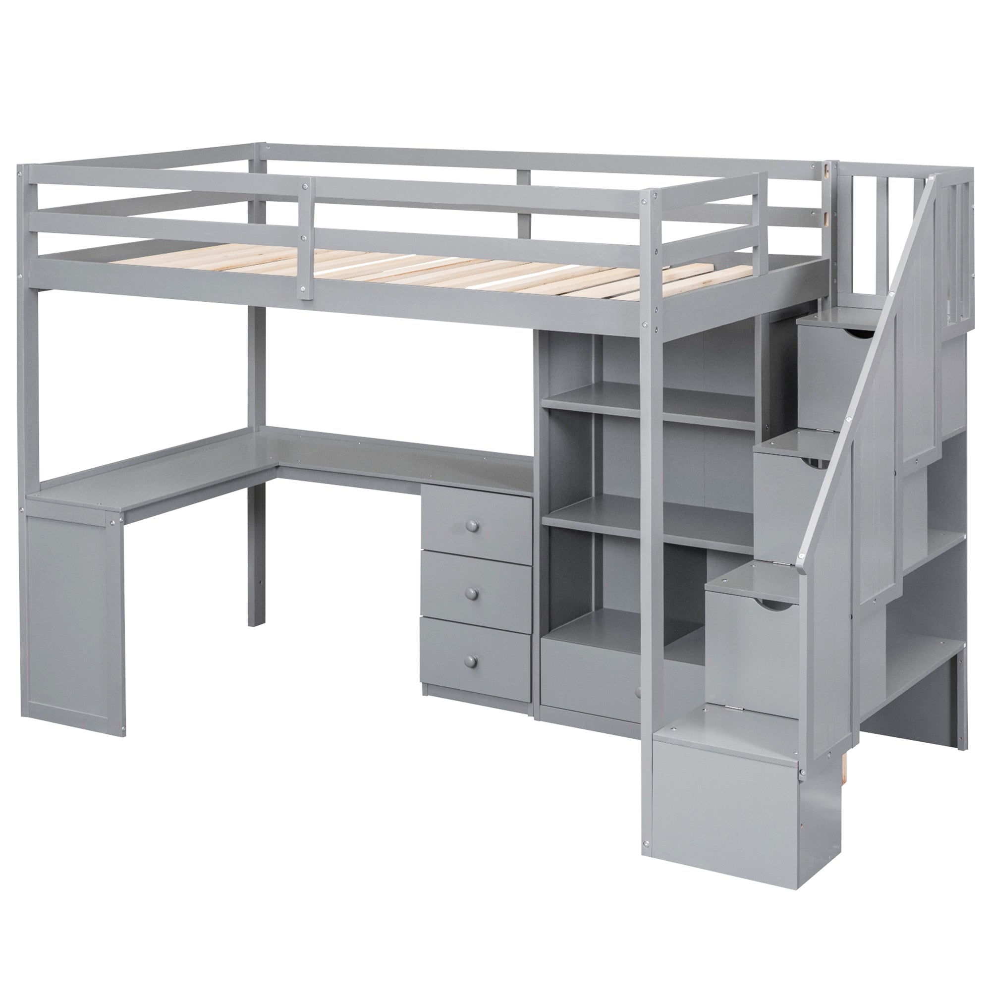 Gray Twin Size Loft Bed with L-Shaped Desk, Drawers, Cabinet and Storage Stai...