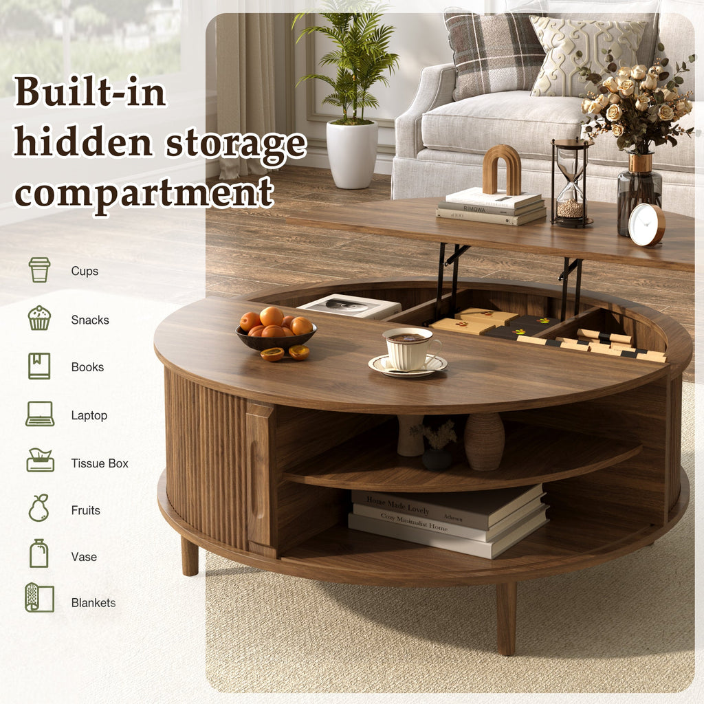 Round Lift-Top Coffee Table with Hidden Storage Sliding Door