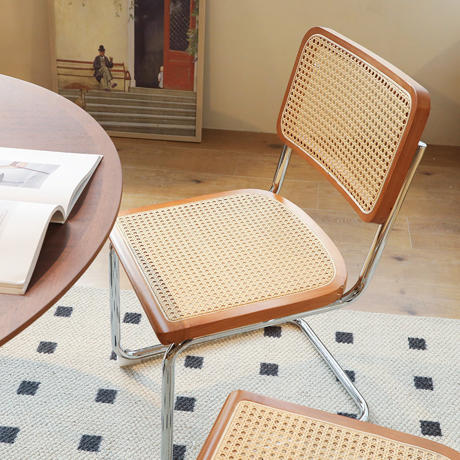 Set of 2 Rattan Side Chairs with Chrome Legs, Mid Century Modern