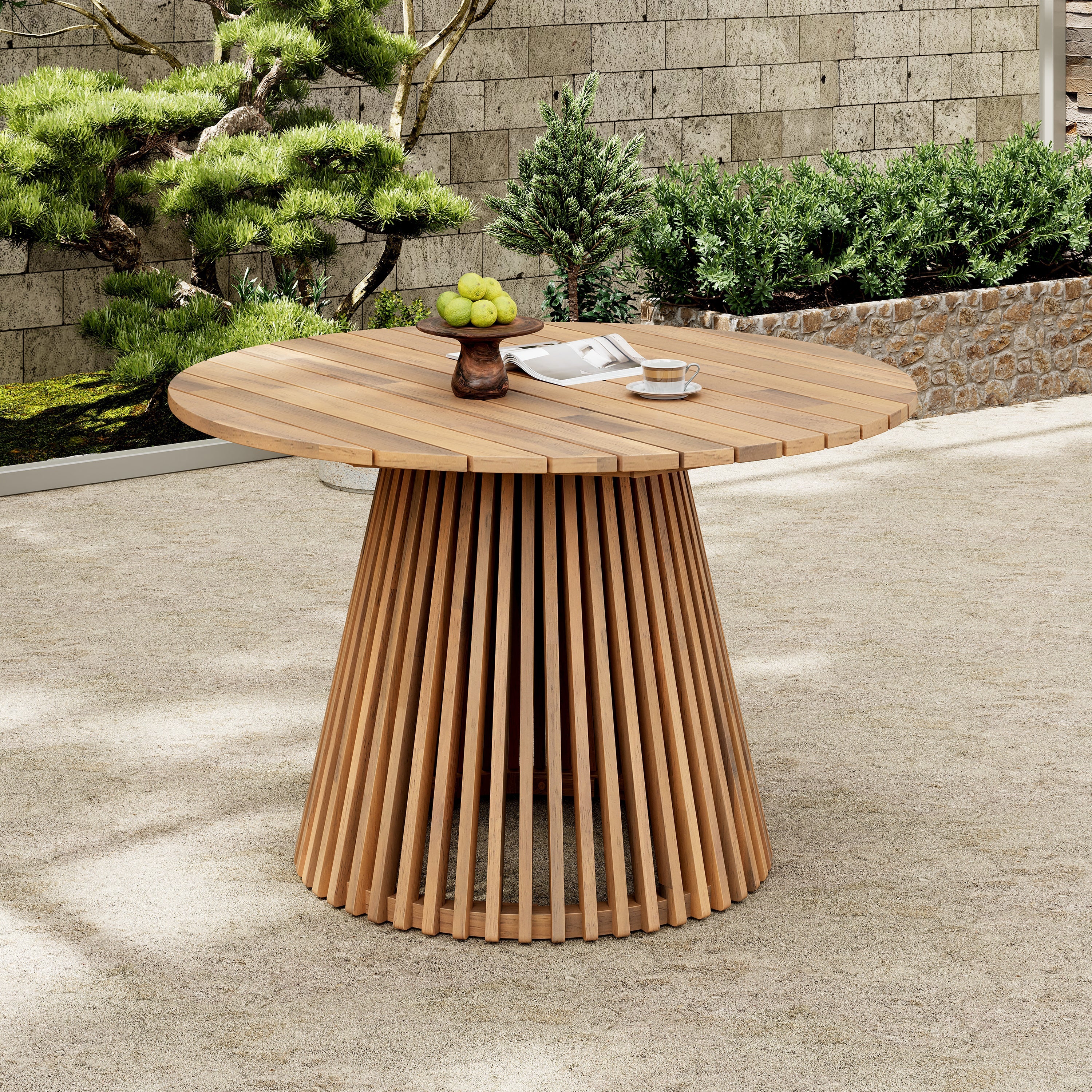 47.25" Round Acacia Wood Patio Dining Table Light Teak