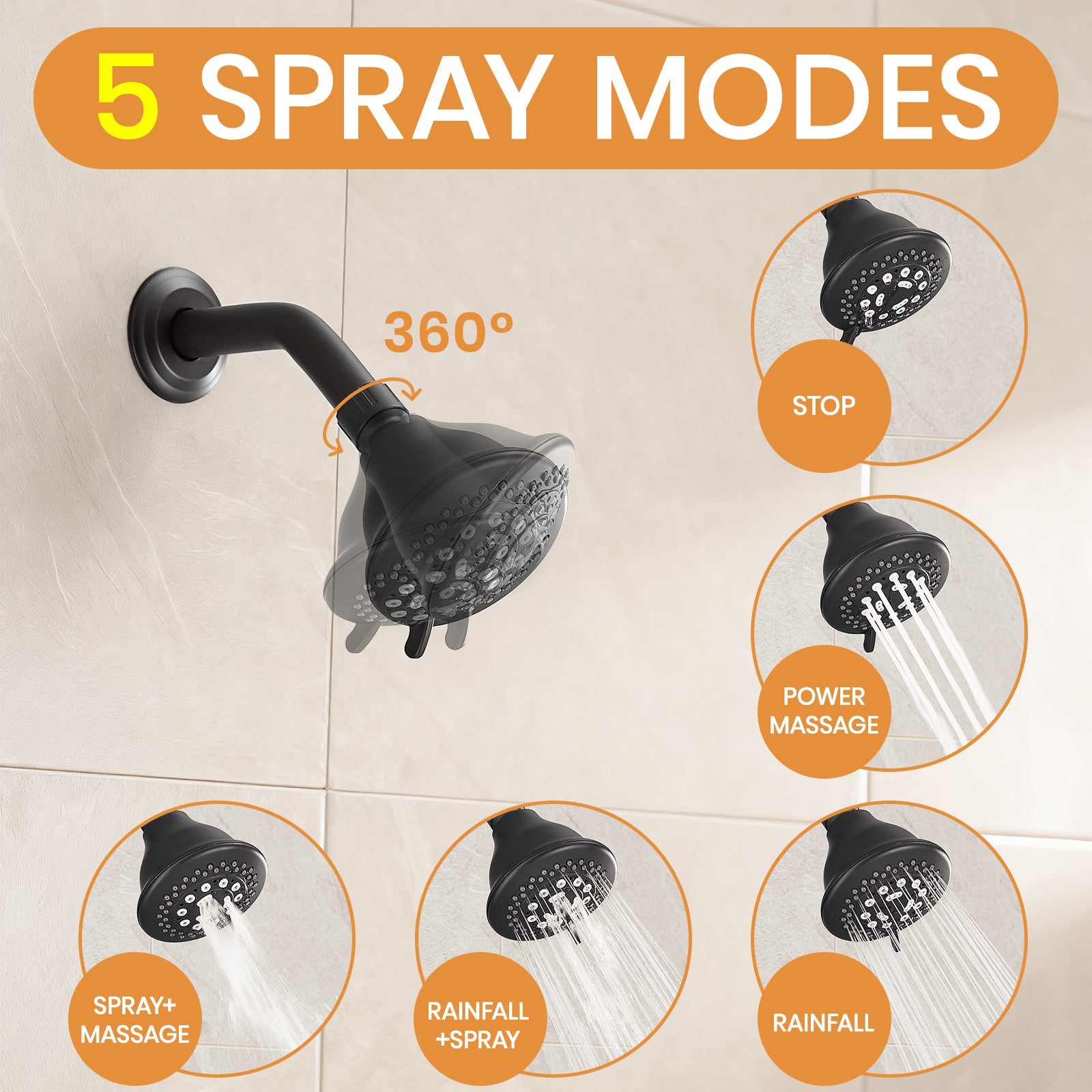 Matte Black Tub Shower Faucet Combo 5-Spray Rain Head