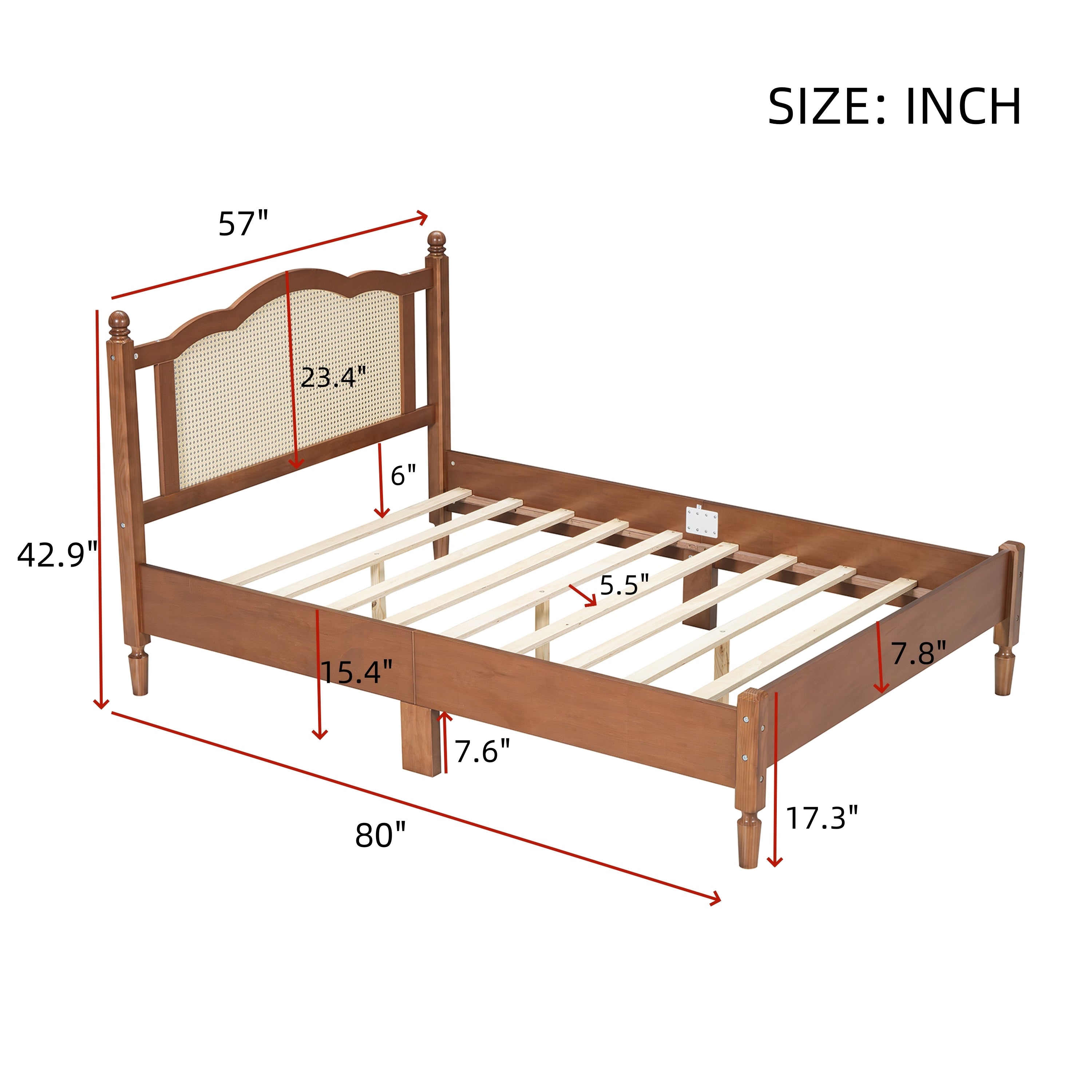Full Size Wooden Platform Bed with Rattan Headboard