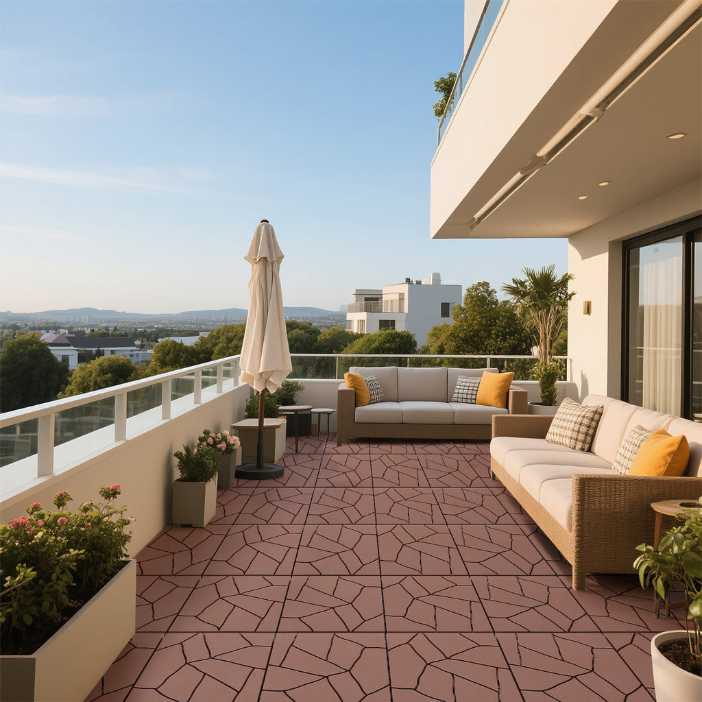 12' Patio Deck Interlocking Tiles Stone Style Red Brown 44pc