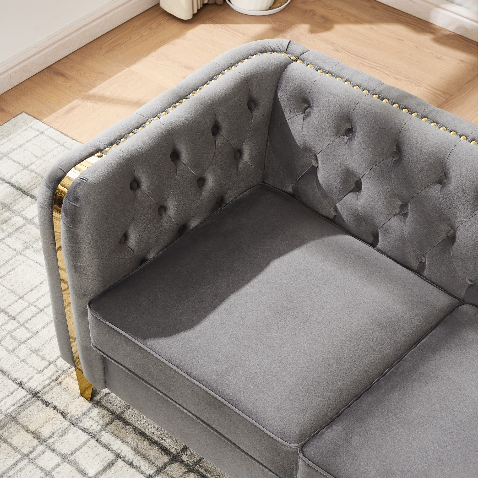 61" Velvet Button Tufted Chesterfield Loveseat Sofa Gold Legs