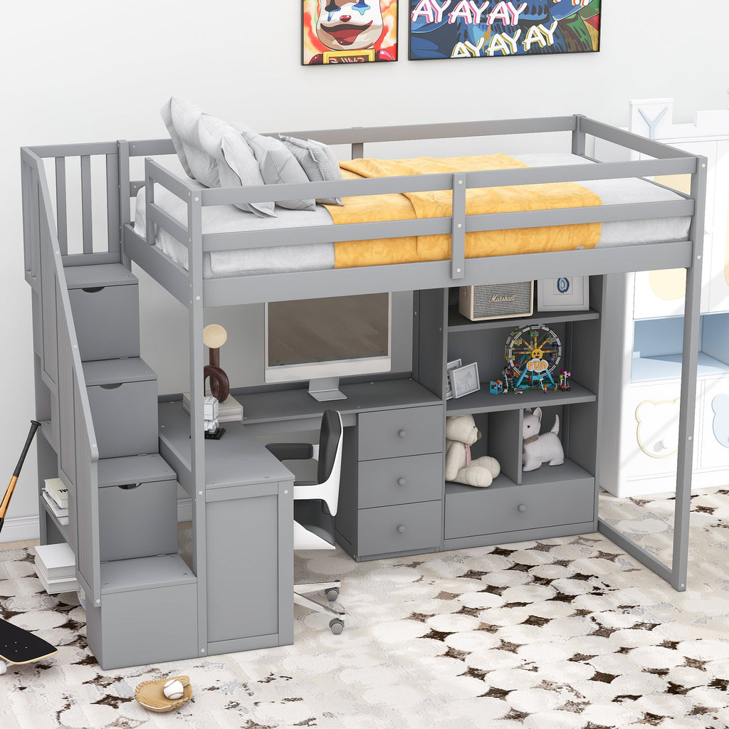 Gray Twin Size Loft Bed with L-Shaped Desk, Drawers, Cabinet and Storage Stai...