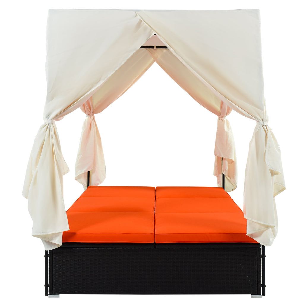 Outdoor Double Chaise Lounge Daybed with Curtains,Patio Outdoor Sunbed with