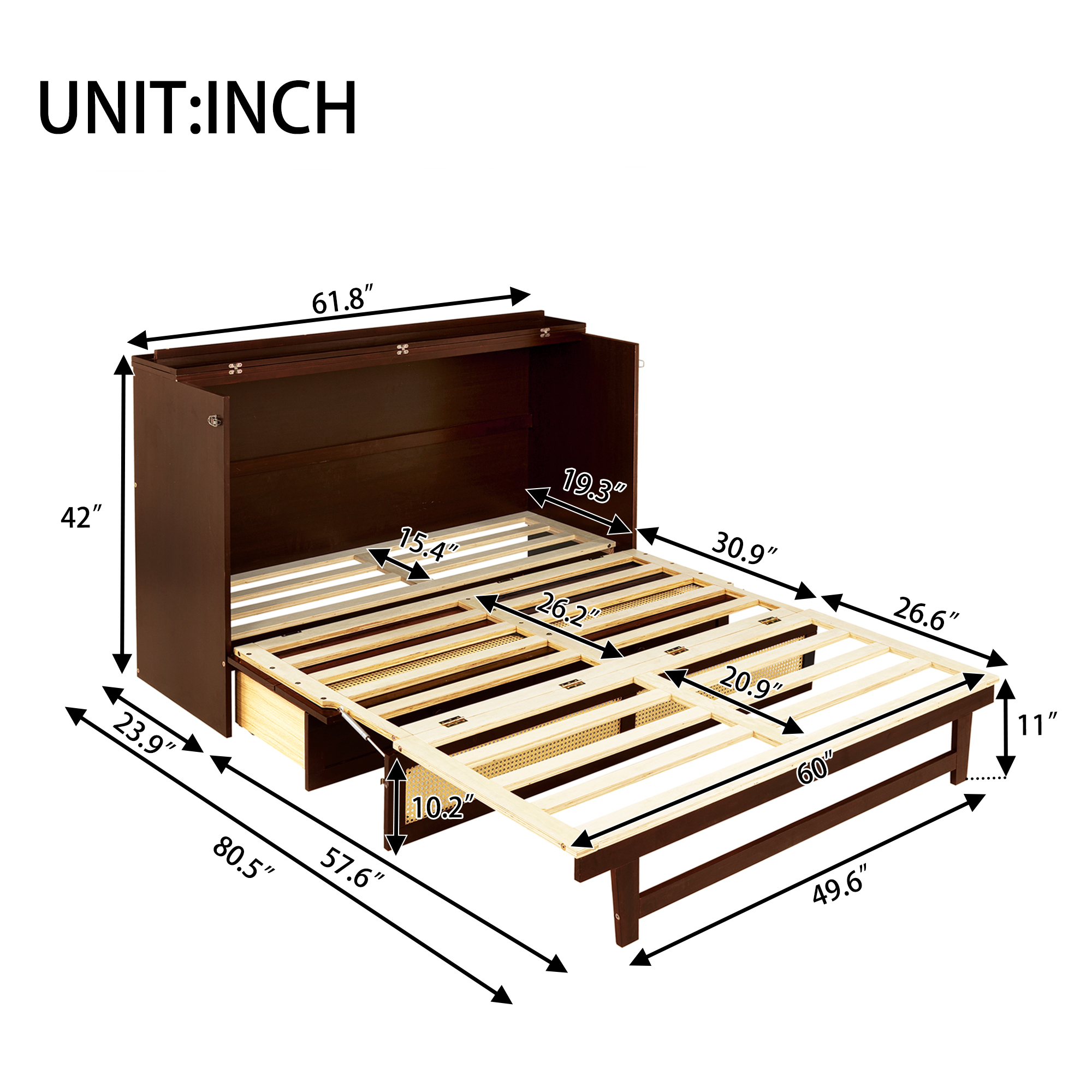 Queen Size Pine Wood Murphy Bed with Storage Drawer