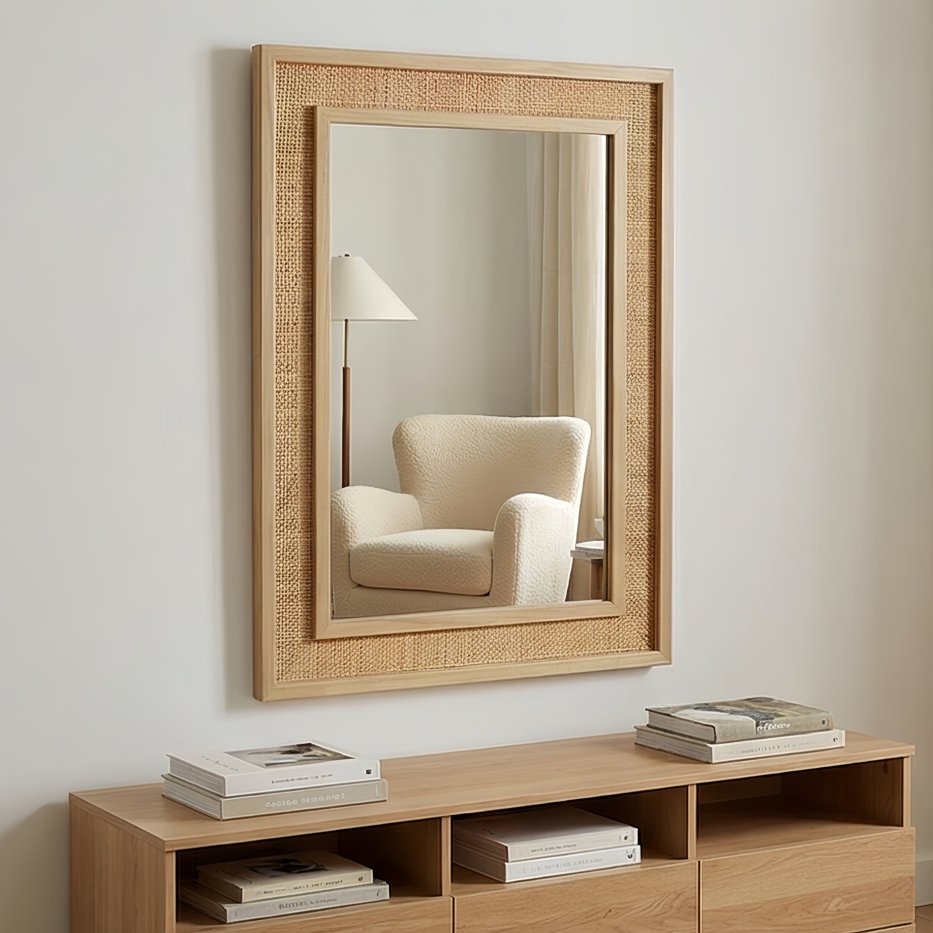 24x36 Rattan Rectangle Wood Frame Mirror