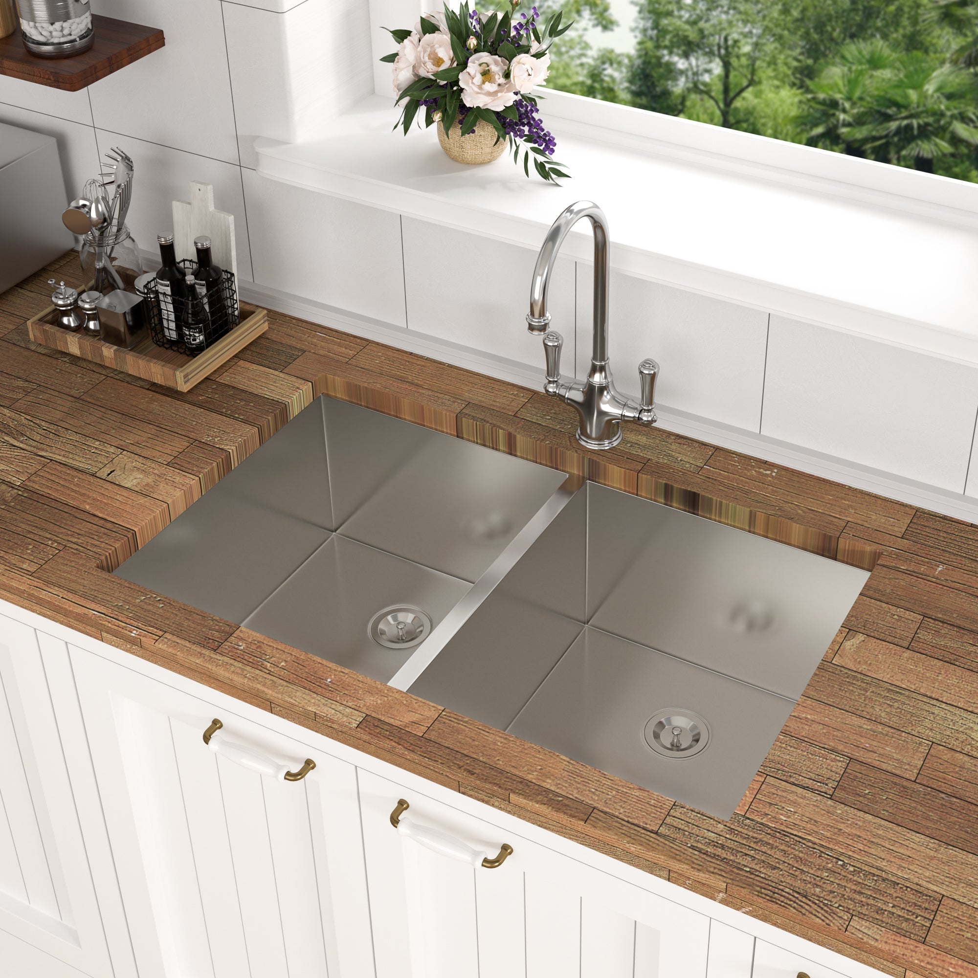 Brushed Nickel Undermount Double Bowl Kitchen Sink 33x19 16 Gauge