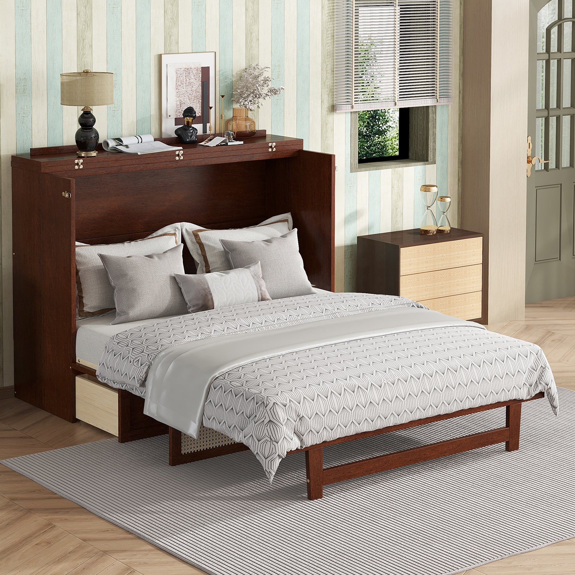 Queen Size Pine Wood Murphy Bed with Storage Drawer