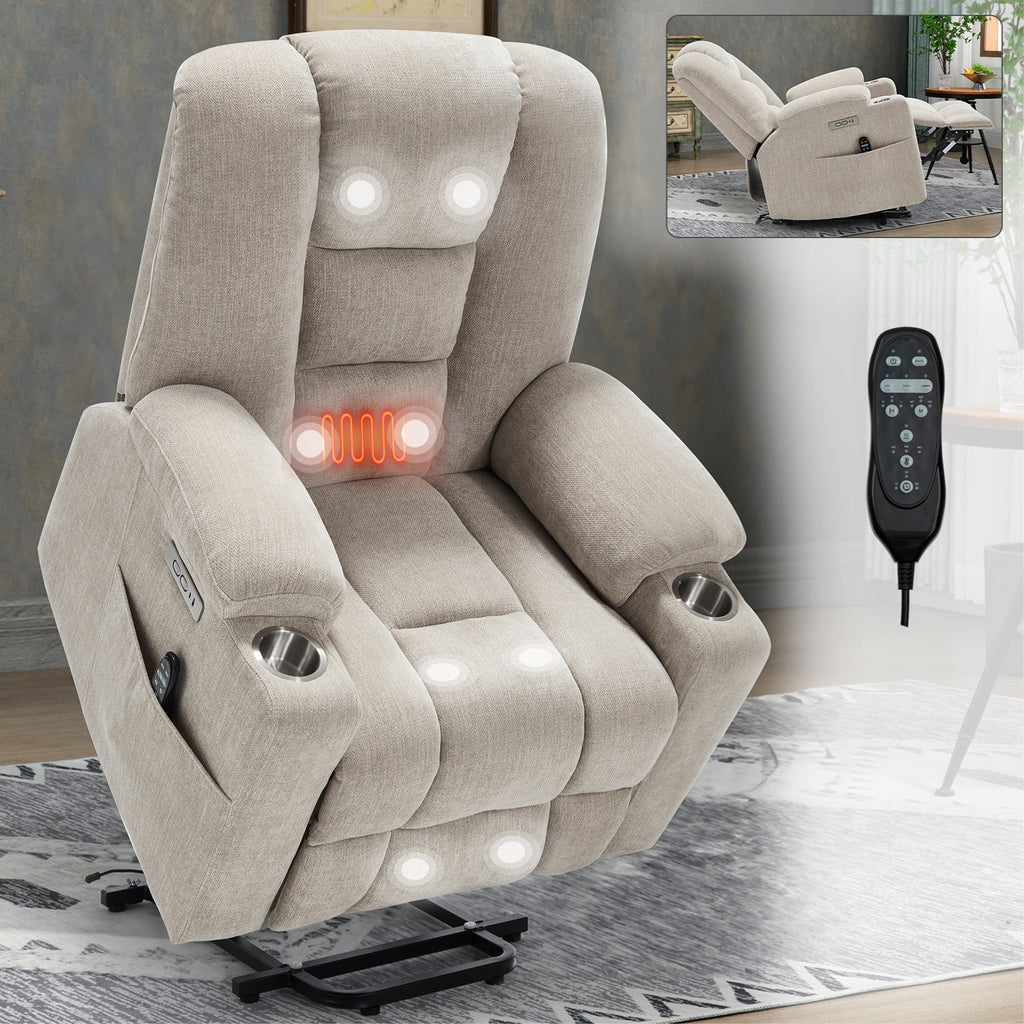 Power Lift Recliner Chair Massage Heat USB Ports Beige