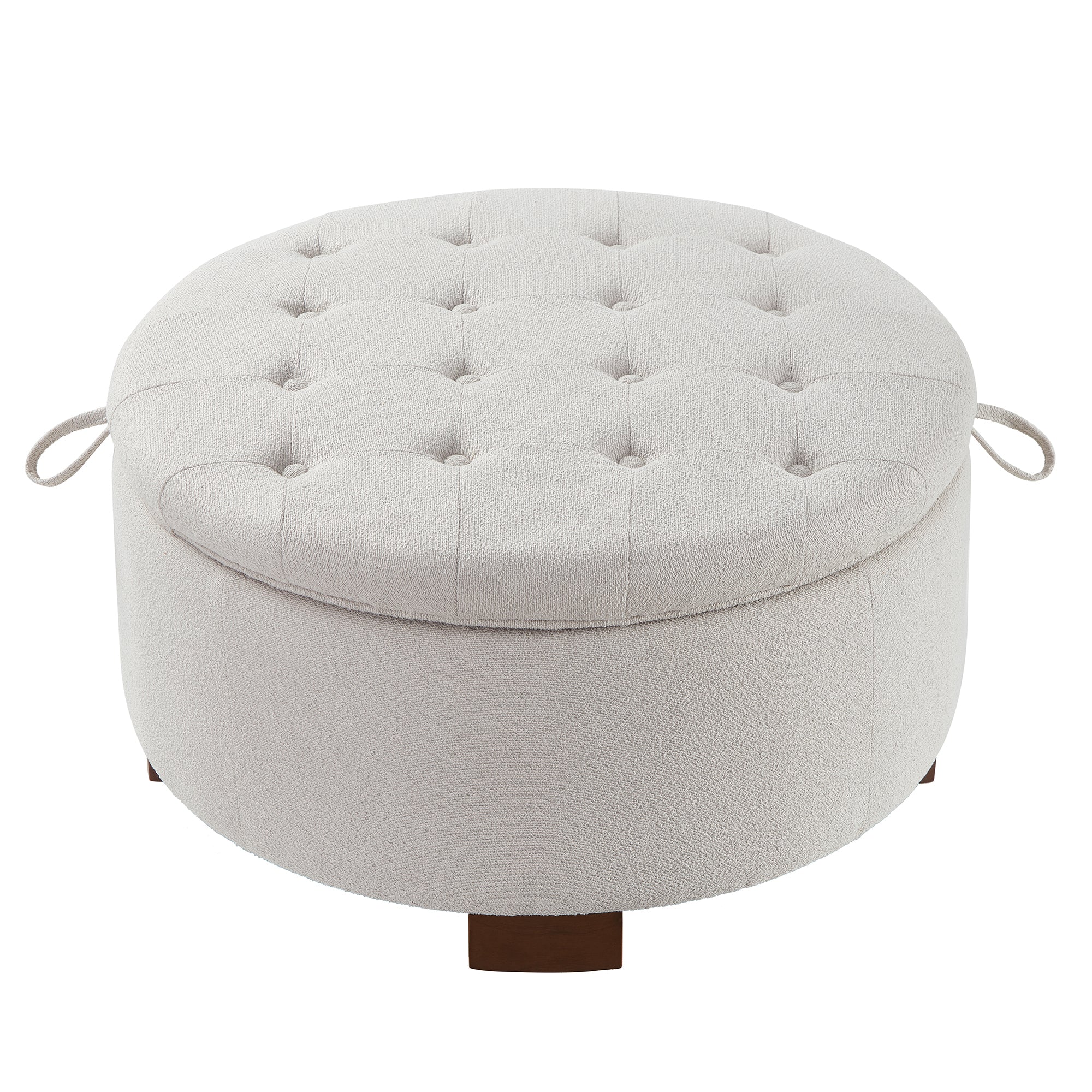 Round Storage Ottoman with Reversible Lid, Boucle Fabric Upholstered, Beige