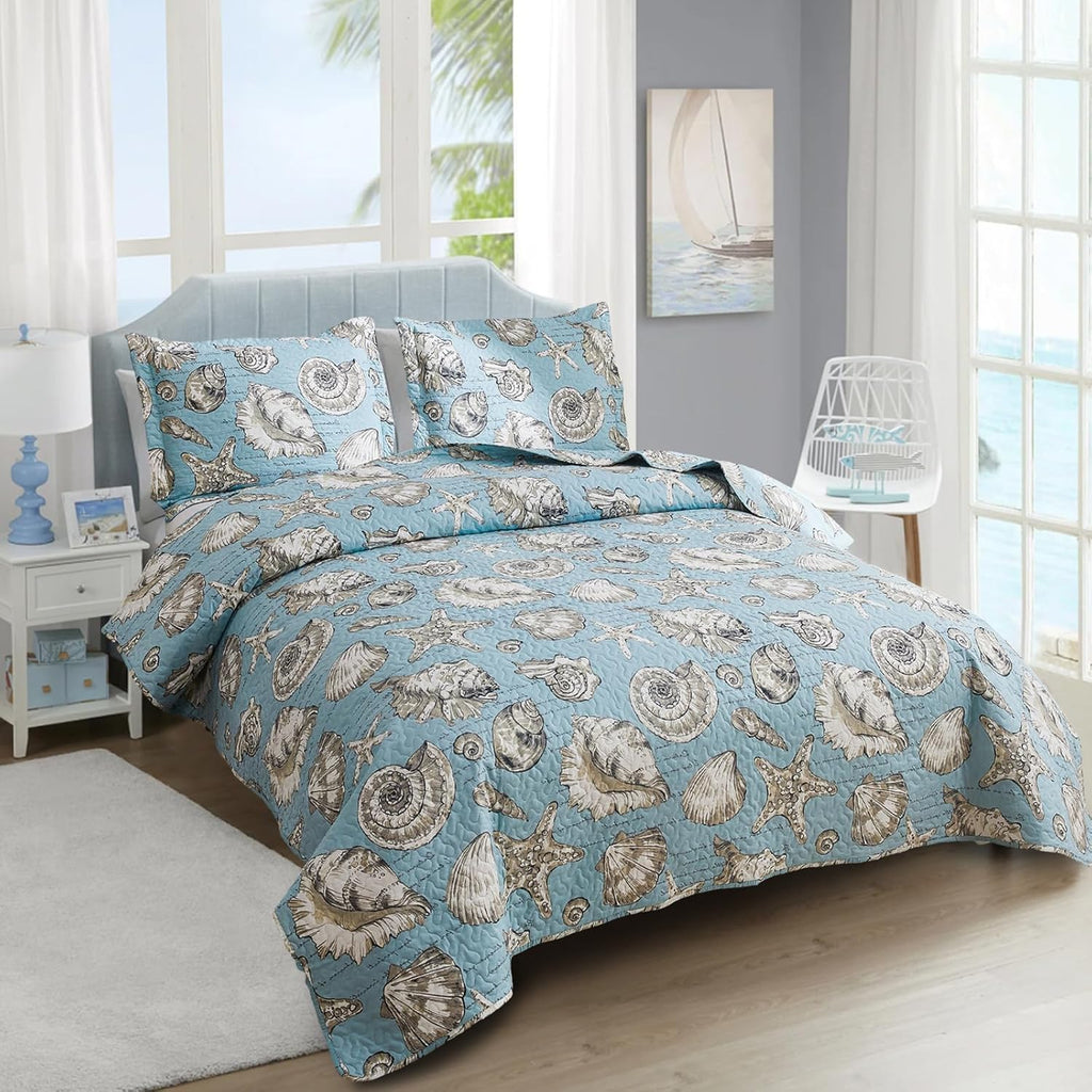 Beach Theme Quilt Set 3PC Seashell Starfish Coastal Ocean Bedspread