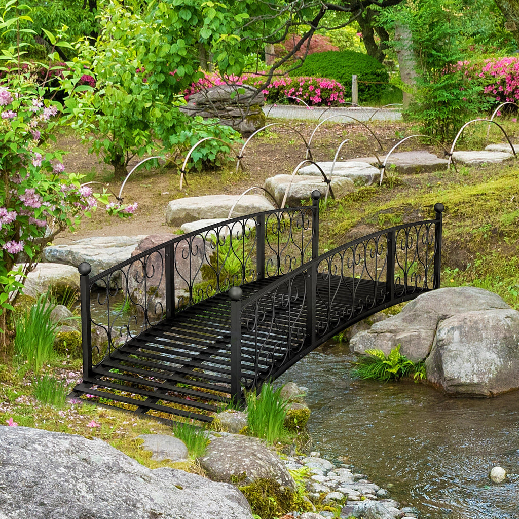 7' Metal Arch Garden Bridge with Safety Siderails Black