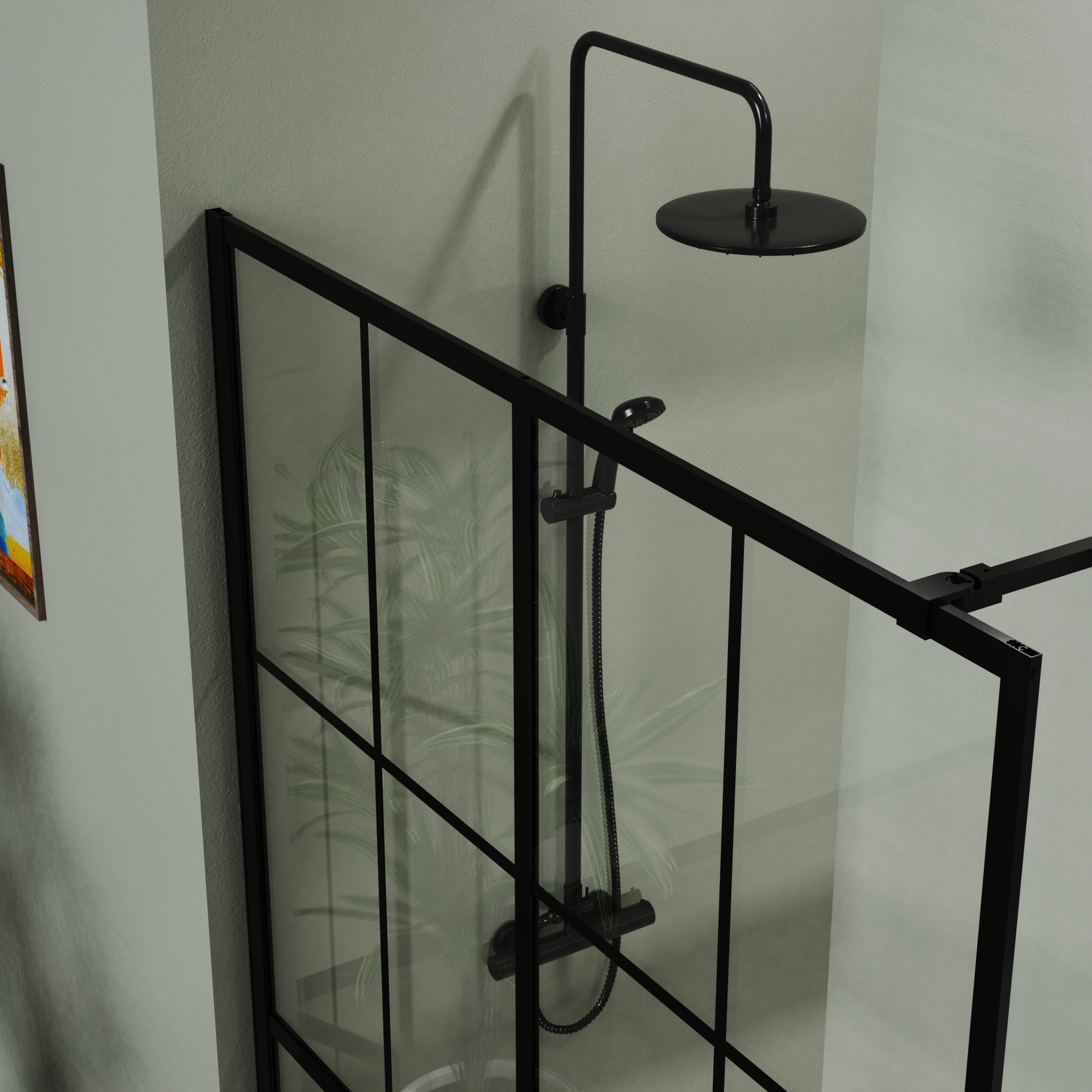 46' X 72' Shower Screen for Walk-in Wet-room Black Full-frame 4 Tempered Glass
