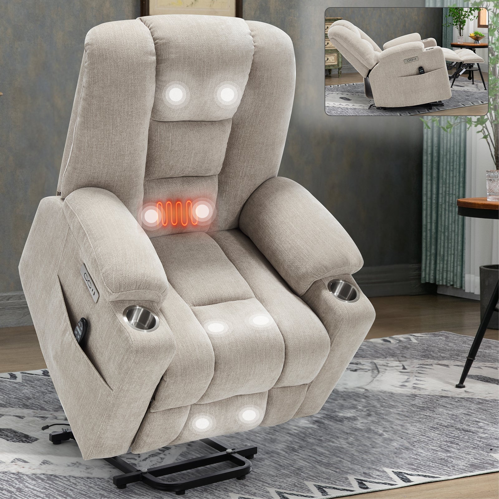 Power Lift Recliner Chair Massage Heat USB Ports Beige