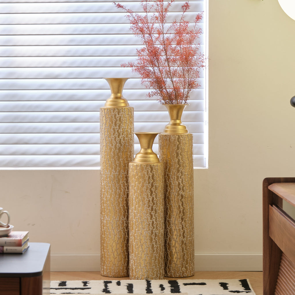 Set of 3 Gold Distressed Metal Vases with Vine Pattern 34