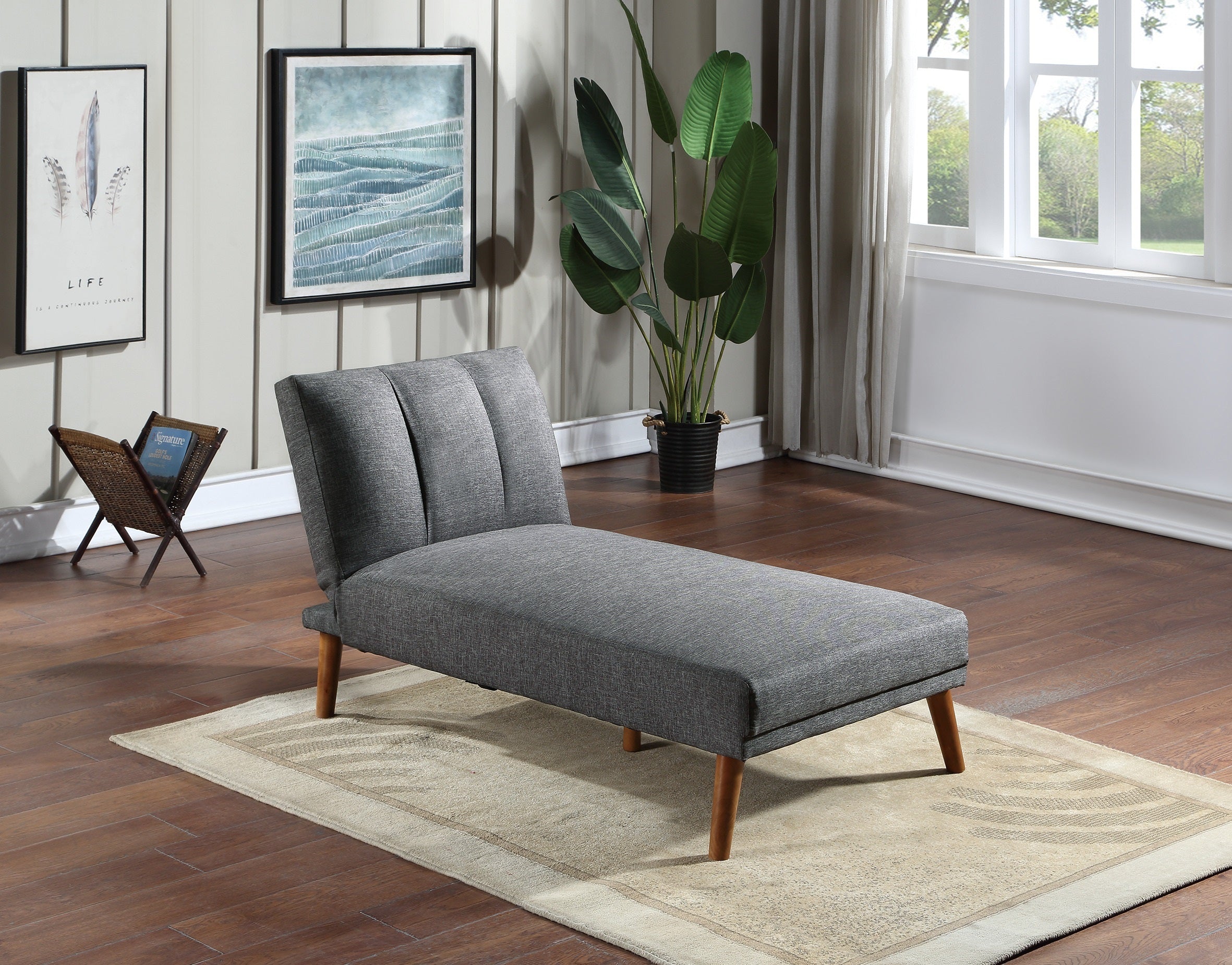 Blue Grey Polyfiber Chaise Lounge Couch Wood Legs