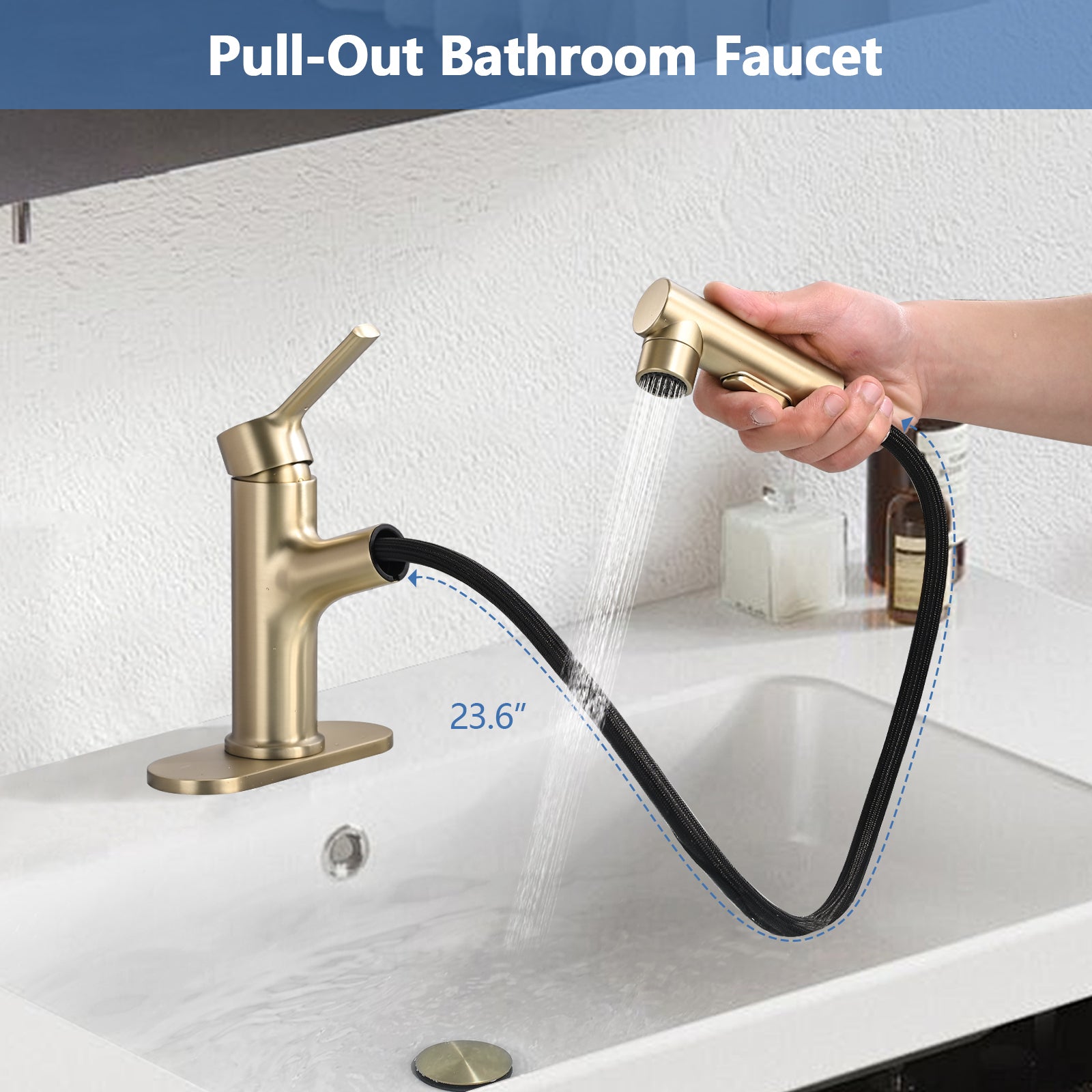 Brushed Gold Single Handle Pull Out Sprayer Bathroom Faucet