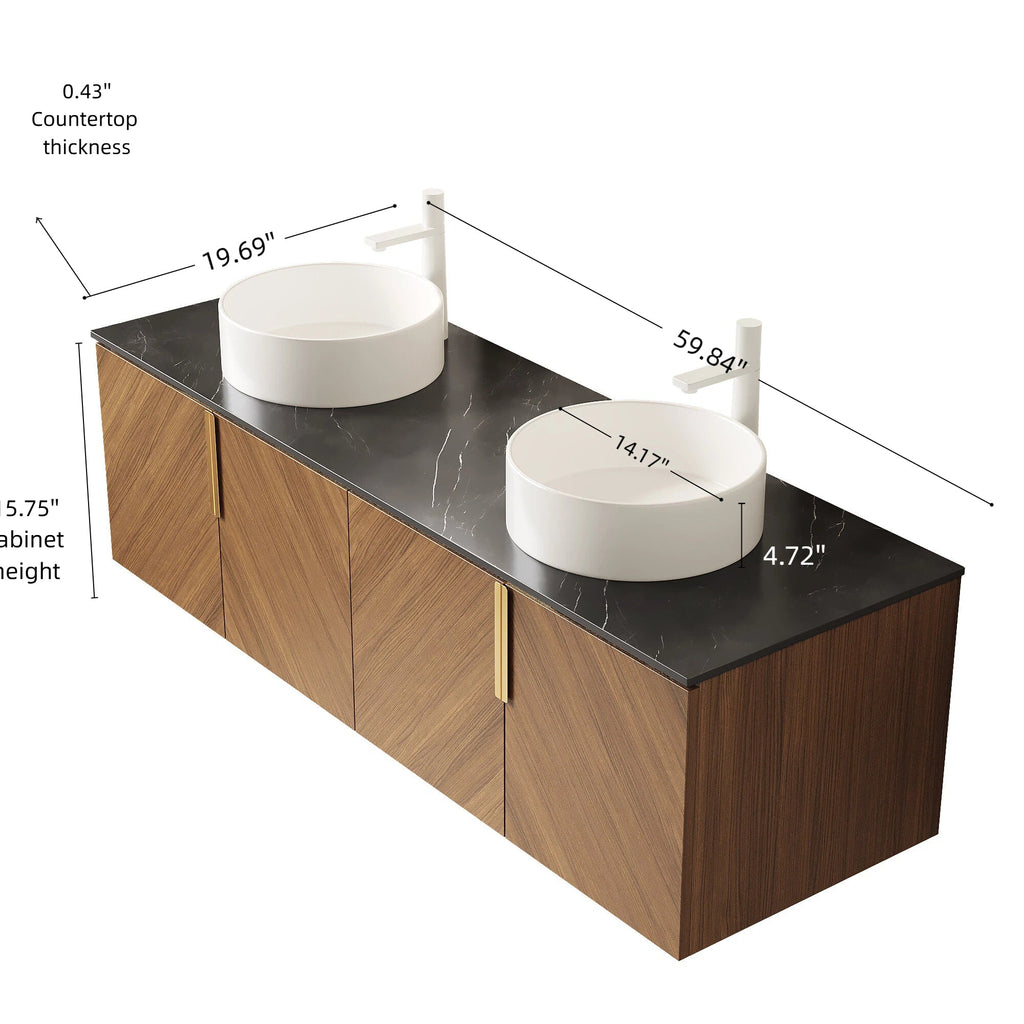 60' Bathroom Vanity with Sinks, Floating Wall-Mounted Plywood 4 Doors Black