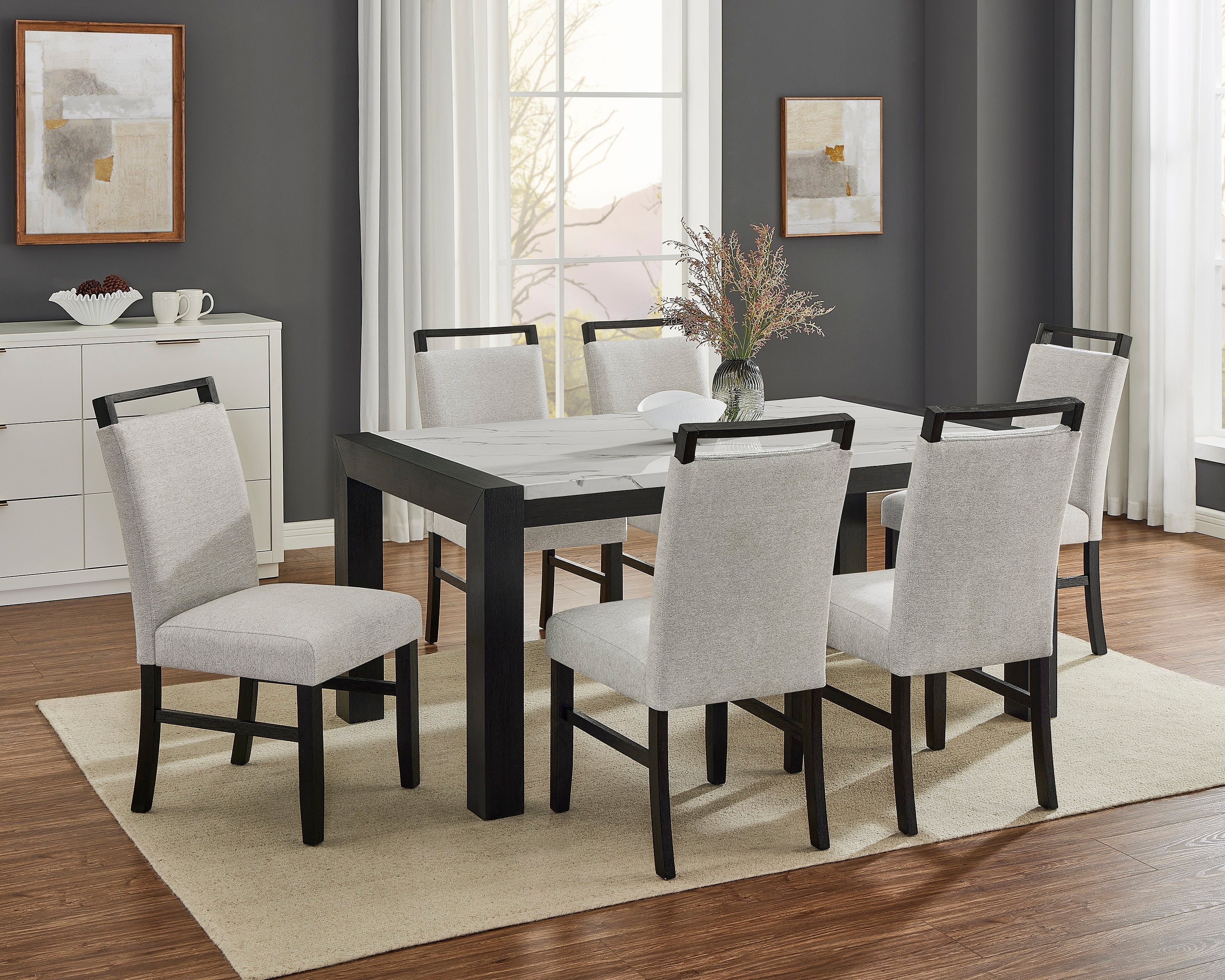 White Faux Marble Dining Table Wood Veneer Black Finish