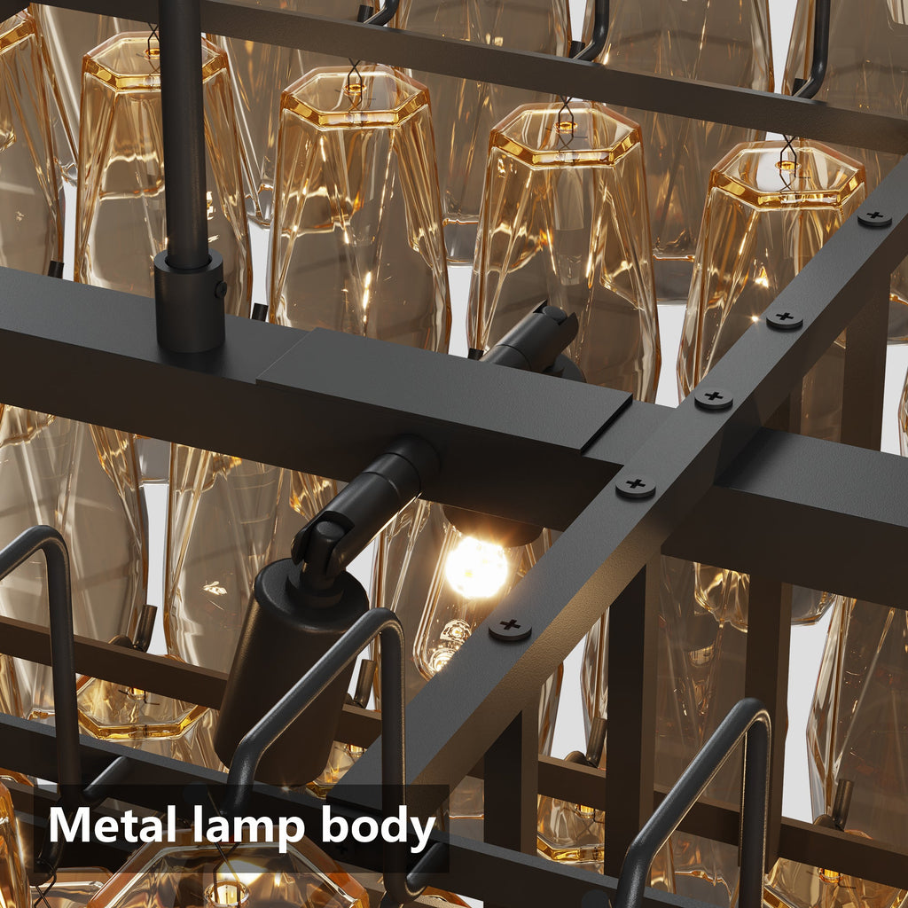 Chandelier Rectangle Black 12-Light 4-Tier Smoke Glass 54 In Farmhouse