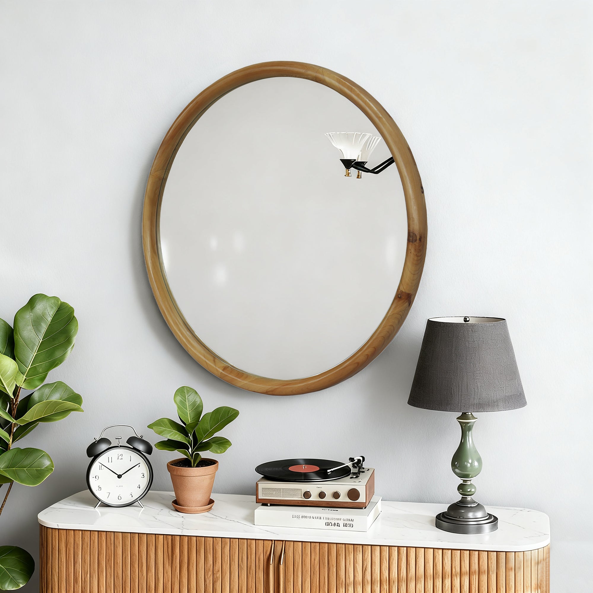 23.62" Round Wood Frame Wall Mirror Mid-Century Modern