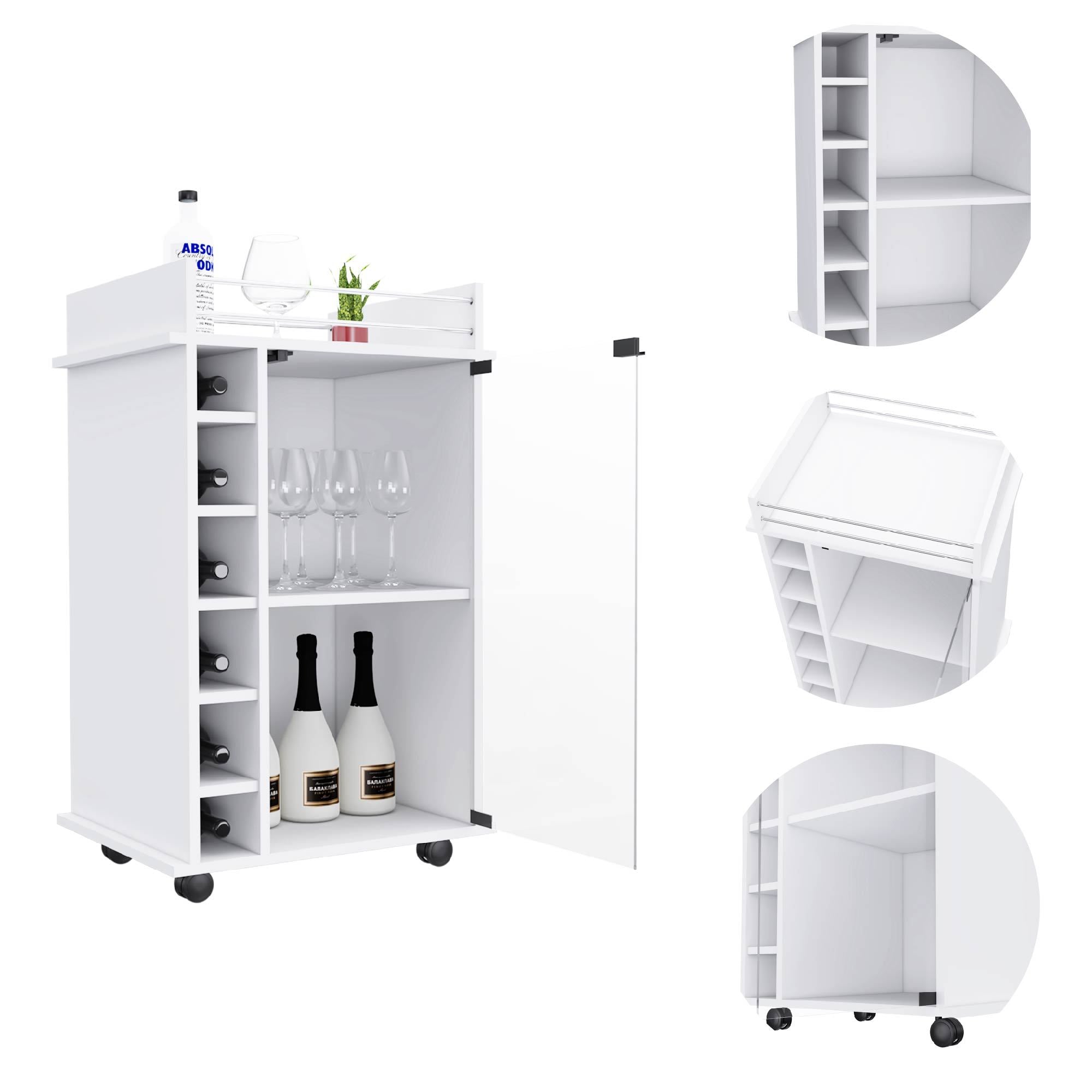 White Bar Cart Two Shelves Wine Rack Four Casters