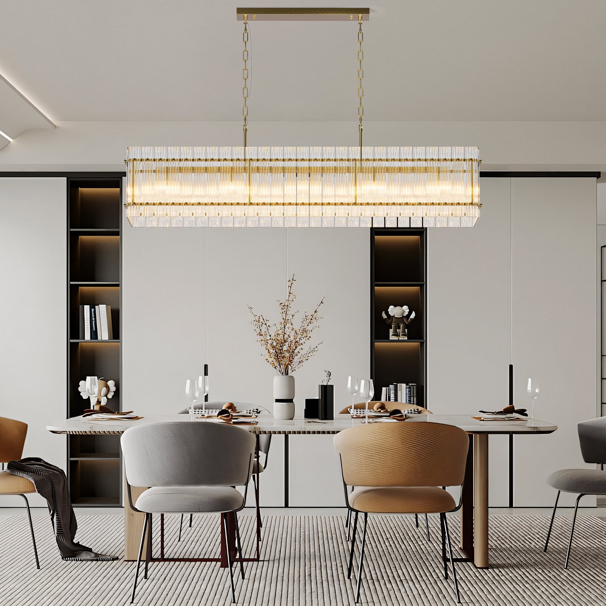 Chandelier Crystal Glass 10-Light Gold Modern Rectangular Pendant Dining