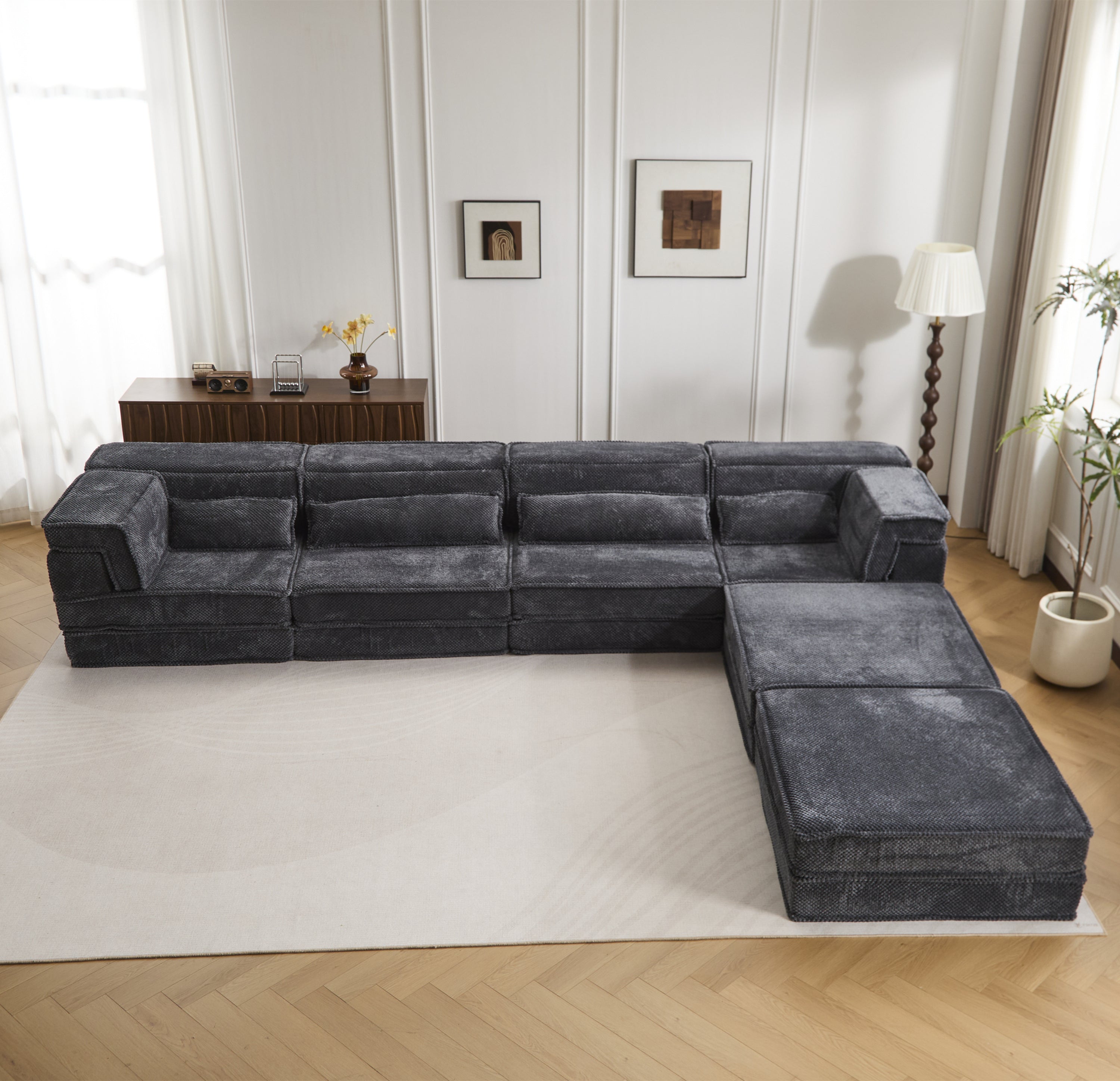 Sectional Sofa Bed Modular Circle Fleece Dark Gray 4 Seat 157 In Convertible