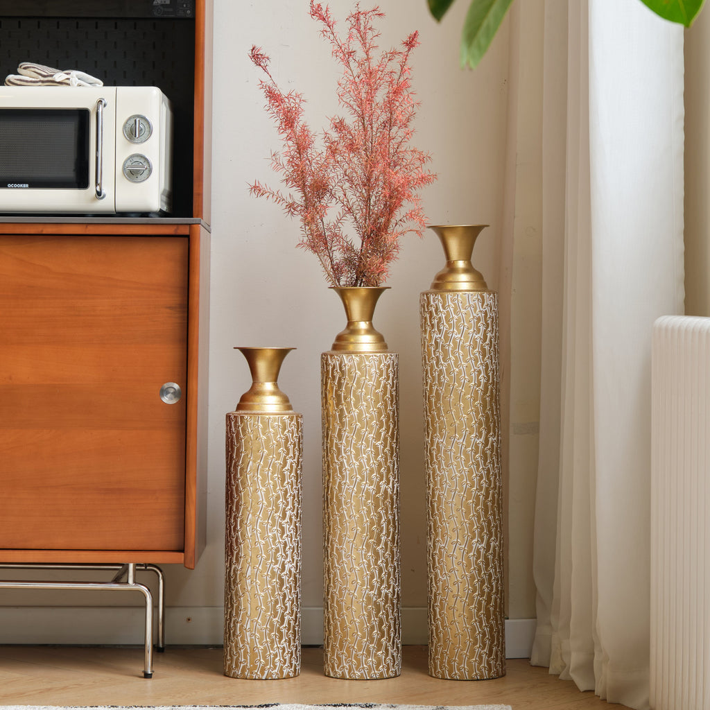 Set of 3 Gold Distressed Metal Vases with Vine Pattern 34