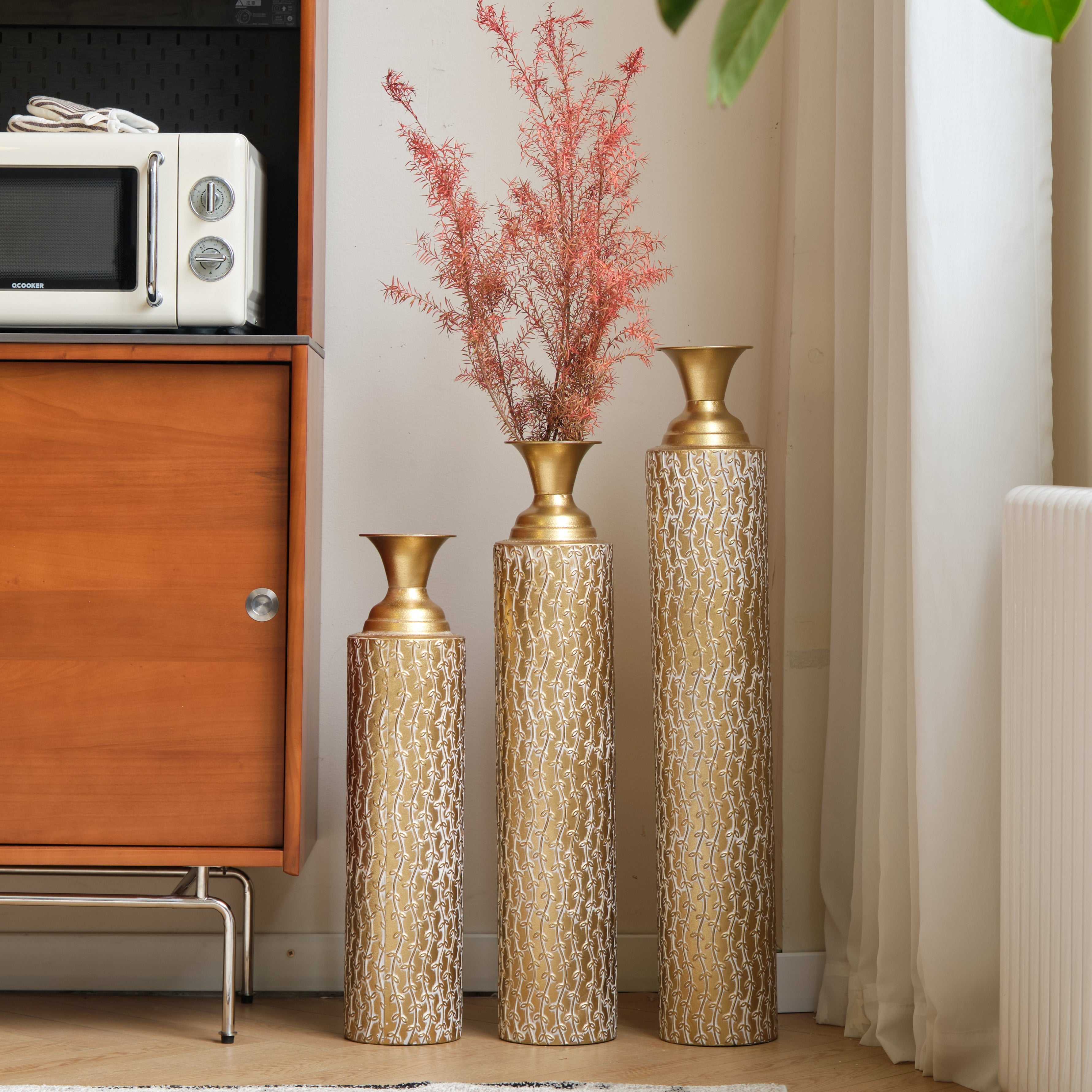 Set of 3 Gold Distressed Metal Vases with Vine Pattern 34