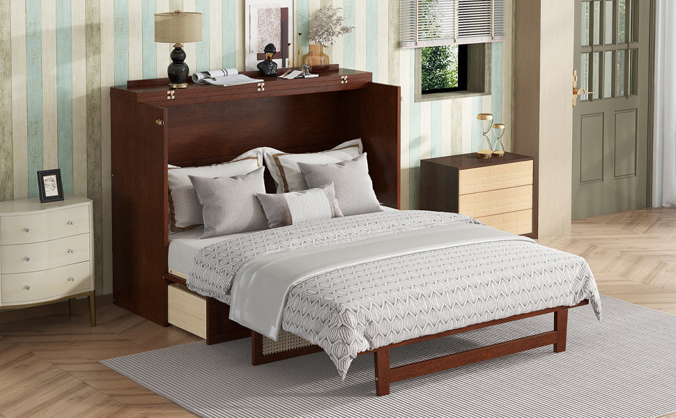 Queen Size Pine Wood Murphy Bed with Storage Drawer