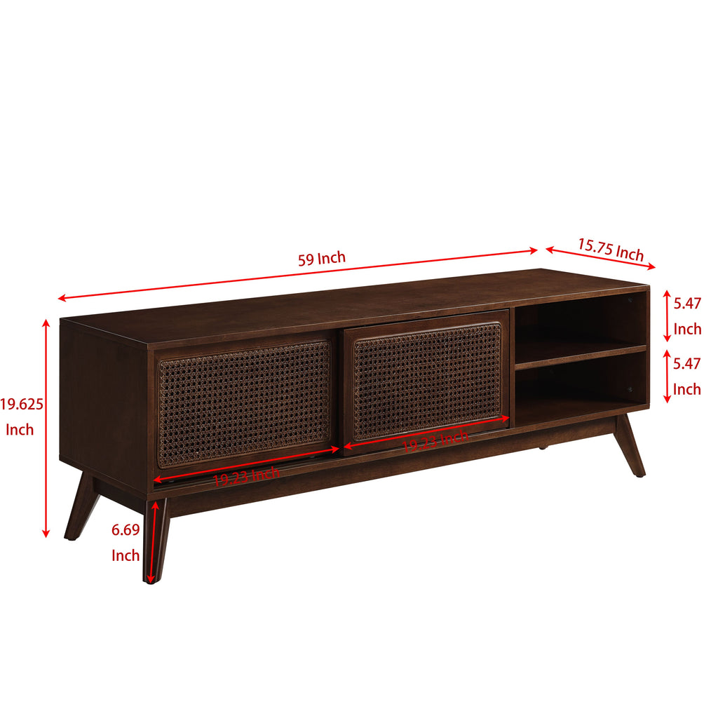 59" Mid Century Modern Rattan TV Stand with Wood Feet
