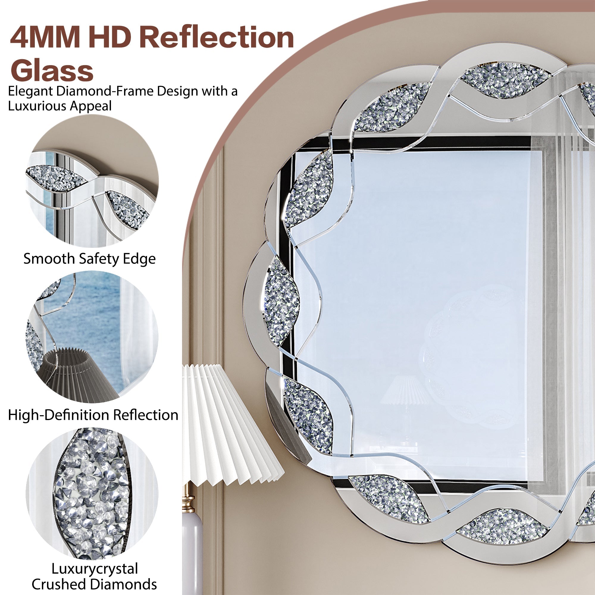 31.5" Silver Wave Diamond Round Wall Mirror