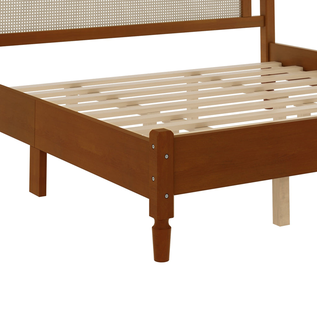 King Size Walnut Wooden Platform Bed with Rattan Headboard